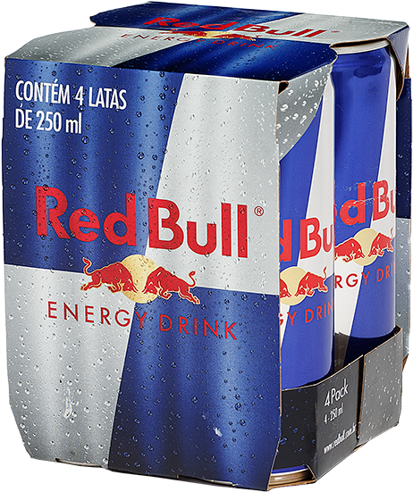Red Bull 能量飲料四罐裝（250ml） 壁紙 — 一包四罐冰凍的Red Bull能量飲品，金屬藍銀色紙板托架上帶有冷凝水滴。