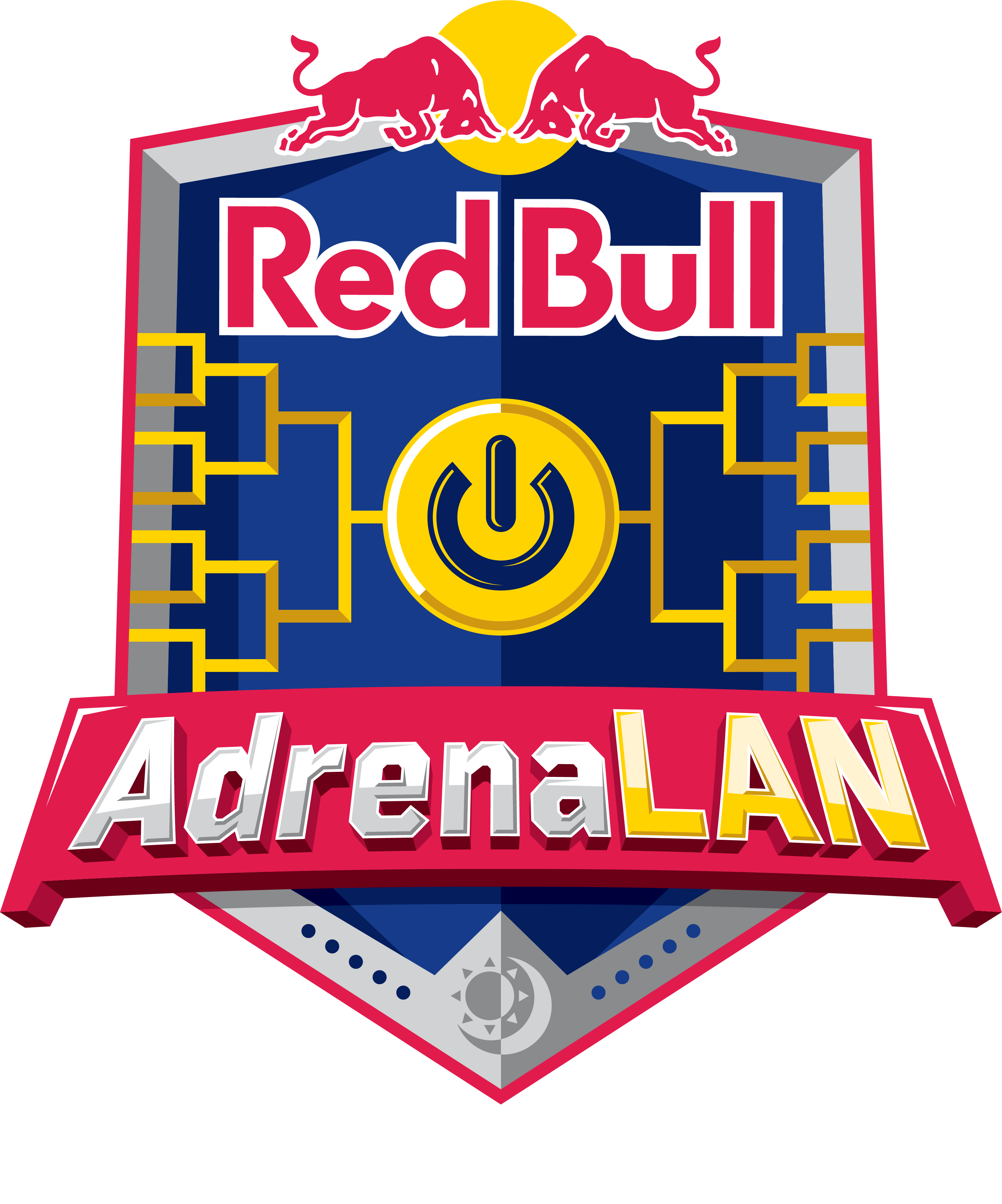 Red Bull AdrenaLAN活動標誌 壁紙 — Red Bull AdrenaLAN 標誌，兩隻紅色公牛位於藍色盾牌上方，帶有黃色電路圖案和電源符號。