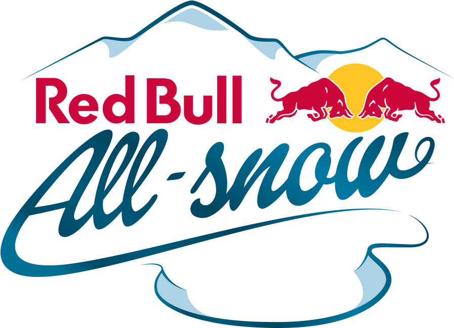 Red Bull All Snow 標誌 壁紙 — Red Bull All-Snow 標誌，兩頭紅牛在雪峰前衝向太陽。