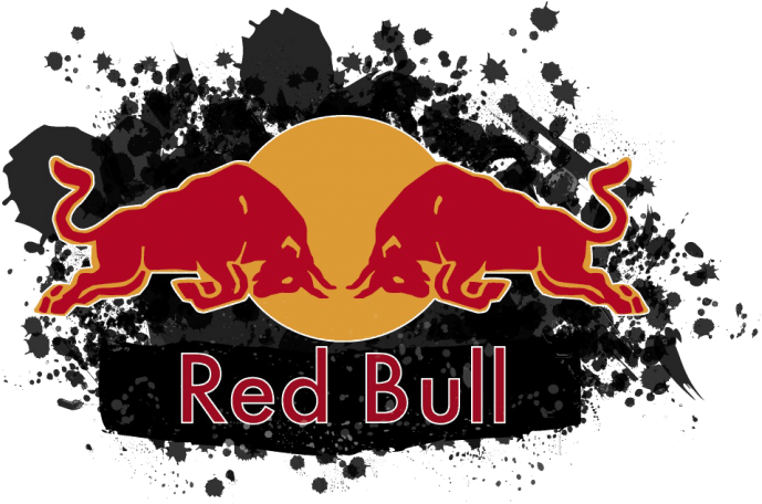 Red Bull 標誌潑墨風格背景 壁紙 — 兩頭衝鋒的紅色公牛在黃色太陽前對峙，背景為黑白潑濺效果。