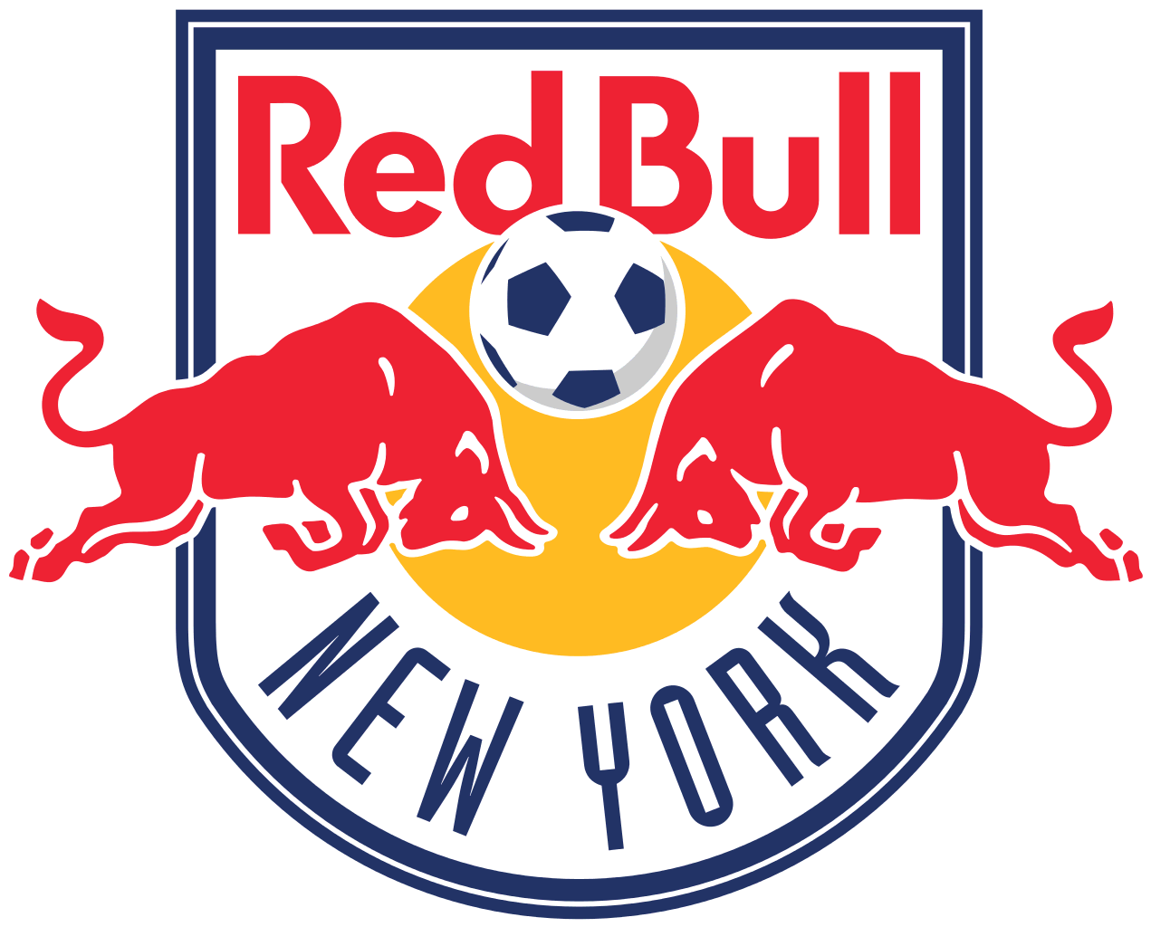 Red Bull 紐約足球隊標誌 壁紙 — Red Bull New York 足球隊標誌，兩頭紅色公牛在黃色太陽前衝向足球。