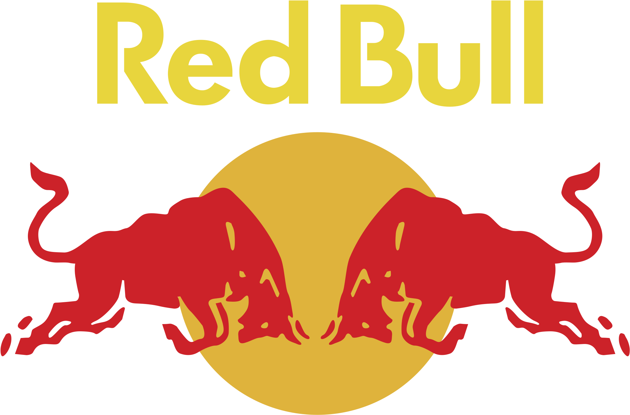 Red Bull 標誌 壁紙 — 兩隻紅色公牛在金色太陽前互相衝撞，上方有粗體黃色「Red Bull」文字，背景為黑色。