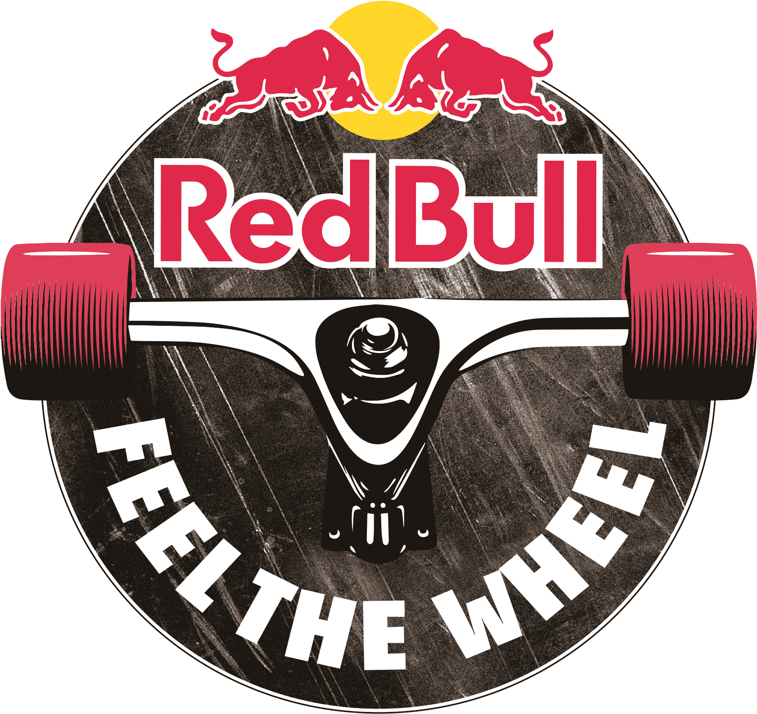 Red Bull「感受輪子」圖形設計 壁紙 — Red Bull 標誌，帶有滑板卡車和輪子，位於紋理圓形背景上。