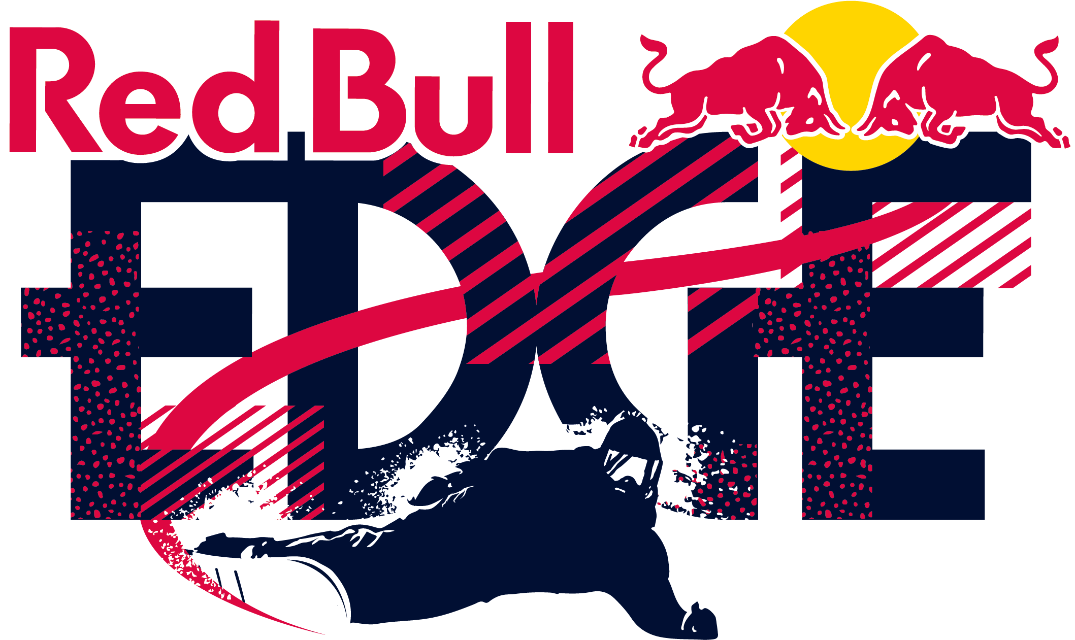 Red Bull F1 賽車圖案 壁紙 — 大膽的Red Bull標誌，帶有衝鋒的公牛和風格化文字，背景為黑色，並有粉紅色和海軍藍的圖形元素。