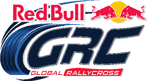 Red Bull Global Rallycross 標誌 壁紙 — 大膽的Red Bull GRC標誌，紅色公牛躍過黃色太陽，背景是動態的藍色波浪。
