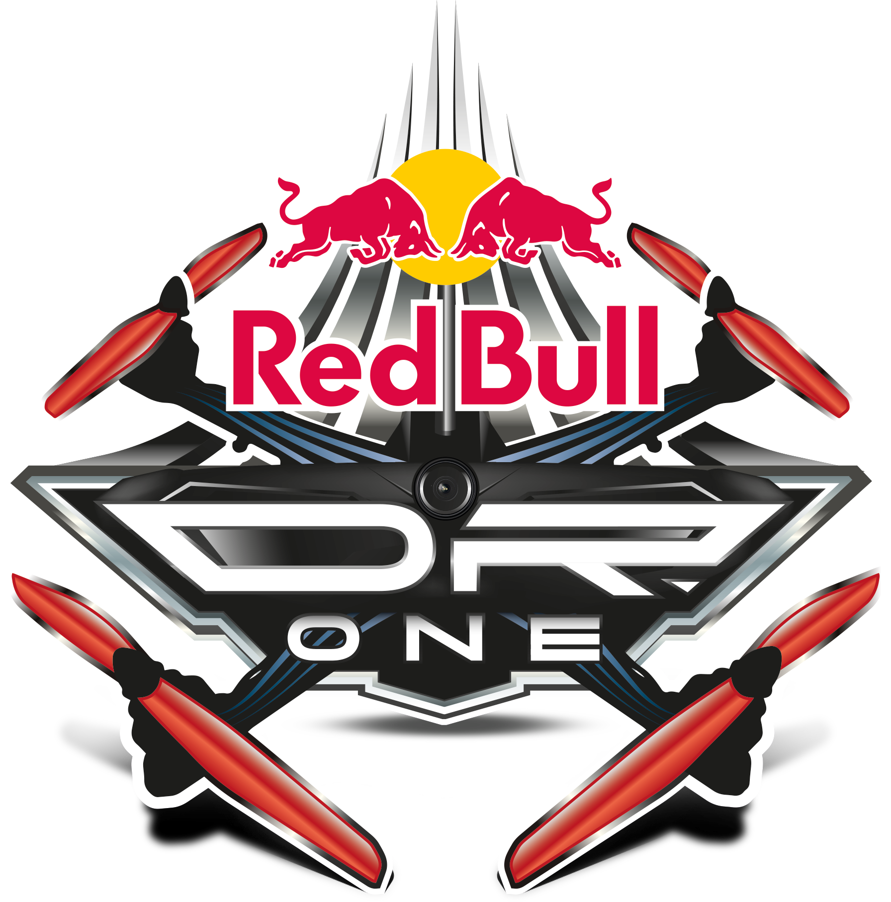 Red Bull 飛行賽事標誌 壁紙 — Red Bull Drone One 標誌，有紅色公牛、黃色太陽和紅色螺旋槳，背景為黑色。