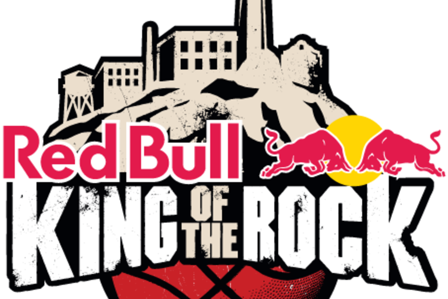 Red Bull King of the Rock標誌 壁紙 — Red Bull King of the Rock 活動的醒目紅色公牛標誌和粗糙的城市天際線背景。