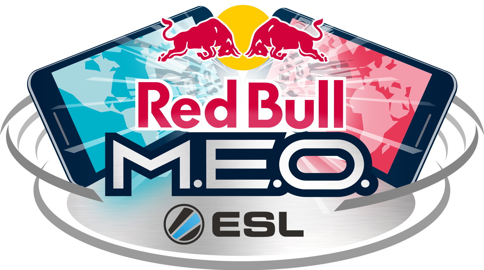 Red Bull M.E.O. by ESL 活動標誌 壁紙 — Red Bull M.E.O. ESL 標誌，兩頭衝鋒的公牛位於一部展示鮮豔藍色和粉紅色抽象圖案的風格化智能手機上方。