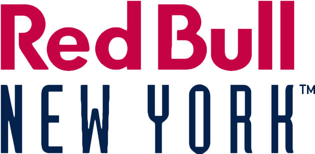Red Bull New York 標誌 壁紙 — 大膽的紅藍色 Red Bull New York 標誌文字，黑色背景，簡潔現代字體。