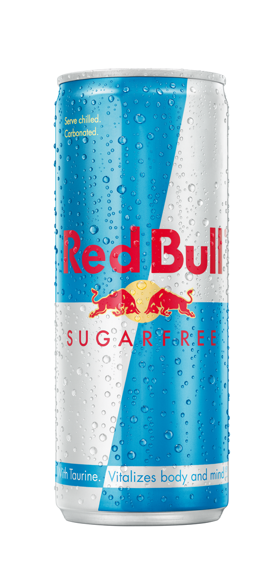 Red Bull 無糖能量飲料罐 壁紙 — 一罐冰凍的無糖Red Bull，藍白表面上凝結的水珠閃閃發光。