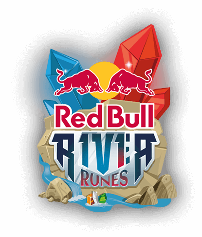 Red Bull R1v1r Runes 標誌 壁紙 — Red Bull River Runes 標誌，包含衝鋒的公牛、色彩繽紛的水晶和岩石河流場景中的皮划艇運動員。