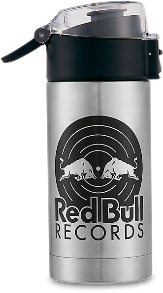 Red Bull Records 保溫瓶 壁紙 — 時尚銀色隔熱水瓶，配黑色蓋子，印有Red Bull Records標誌，圖案為兩頭衝鋒的公牛。