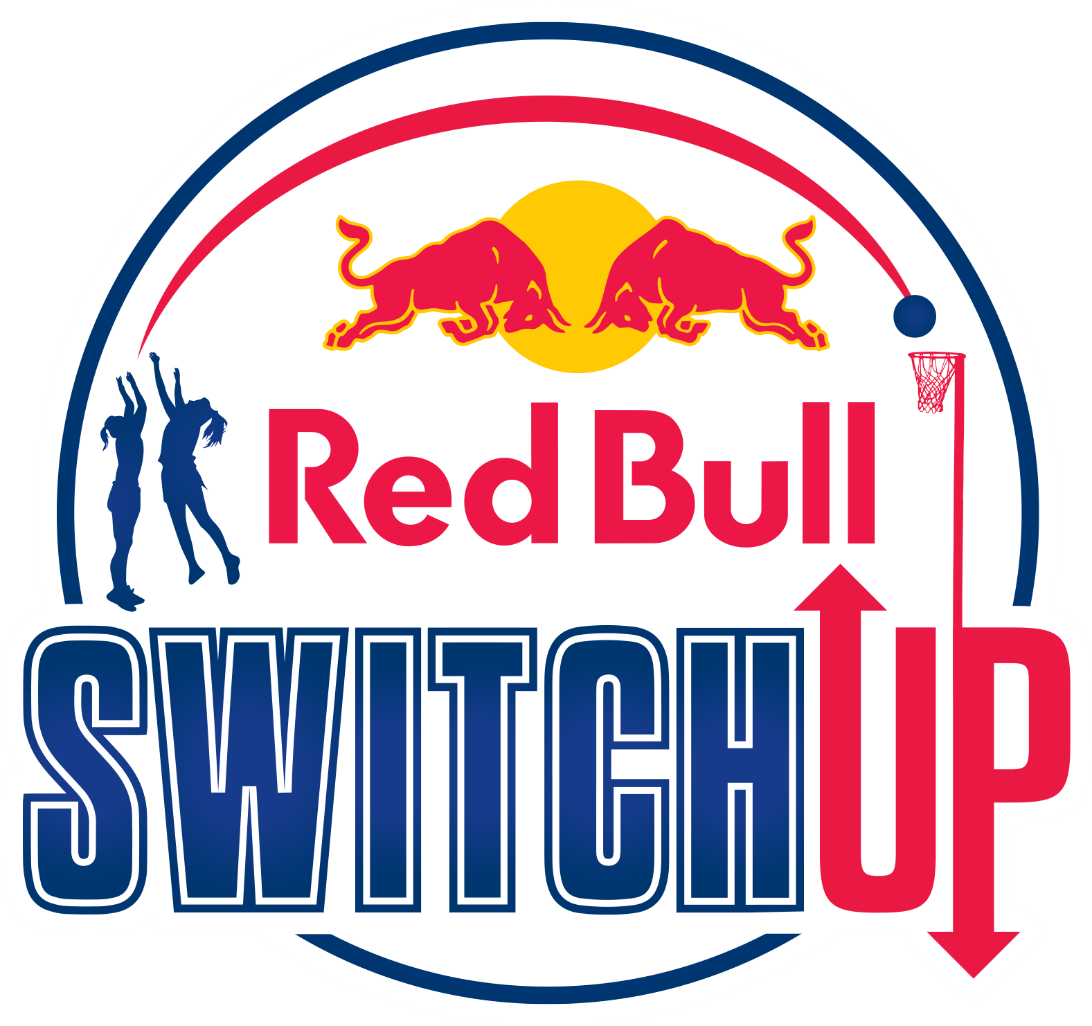Red Bull Switch Up 活動標誌 壁紙 — Red Bull Switch Up 標誌，兩頭紅牛衝向太陽，帶有籃球運動員剪影和籃框。