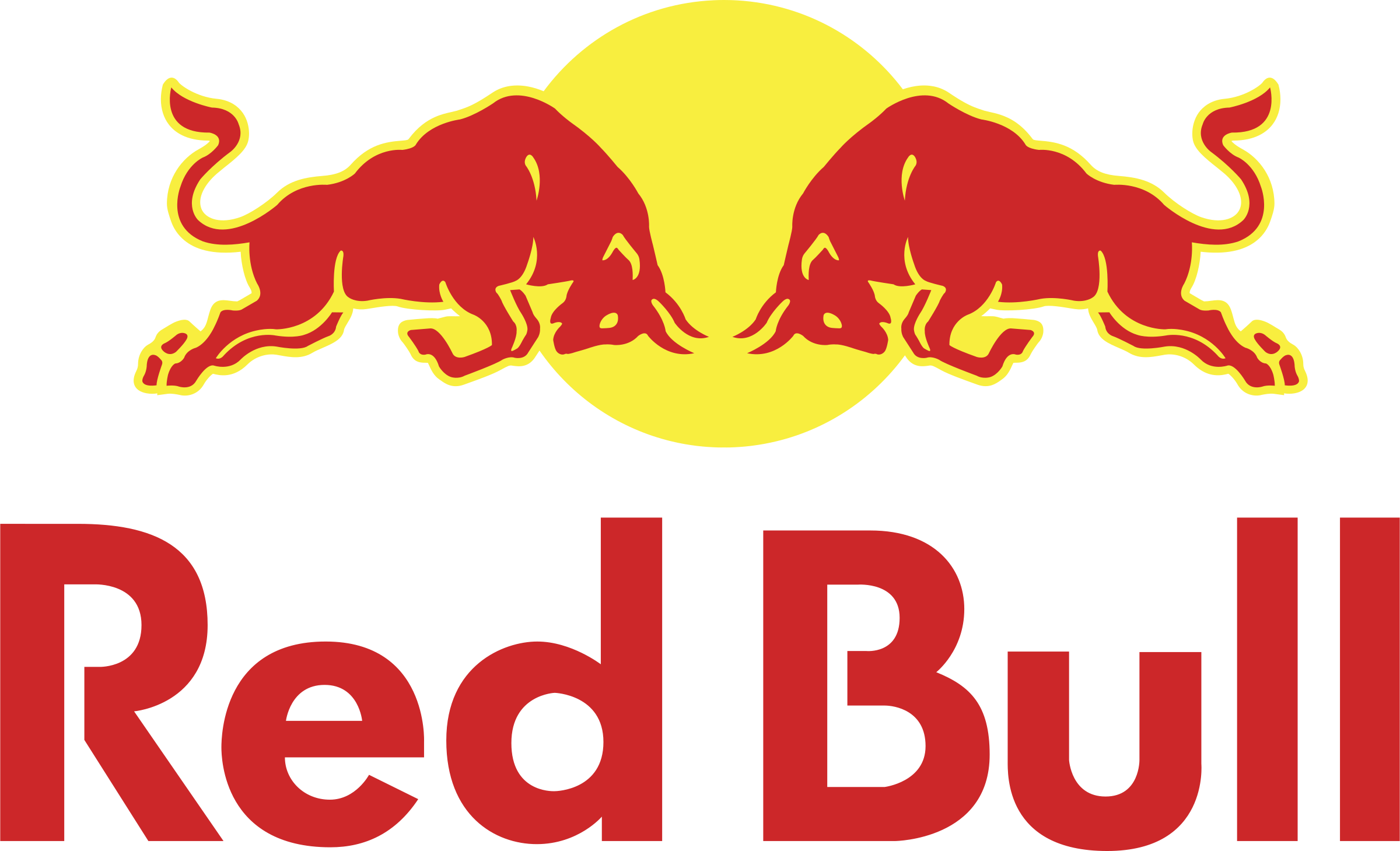 Red Bull 能量飲料標誌 壁紙 — 兩隻紅色公牛在黑色背景上朝著黃色太陽互相跳躍，下方有紅色 'Red Bull' 文字。