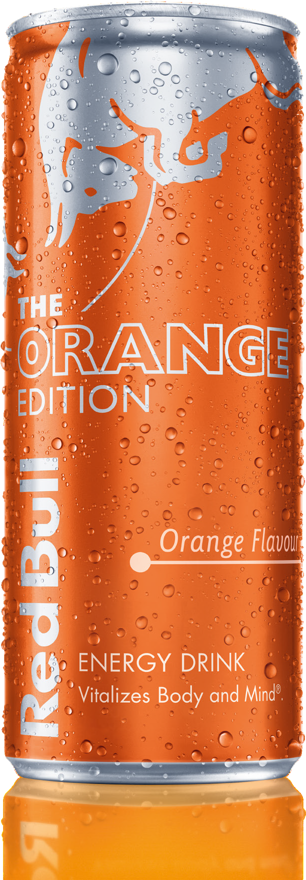 Red Bull 橙味版能量飲料罐 壁紙 — 冰凍的Red Bull Orange Edition罐裝飲品在純白背景上閃爍著冷凝水珠。