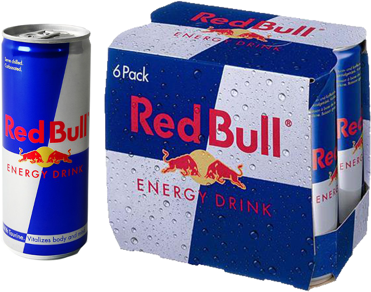 Red Bull 飲料罐與六罐裝包裝 壁紙 — 一罐冰凍的Red Bull能量飲料罐和六罐裝盒子，藍色和銀色包裝上有冷凝水滴。