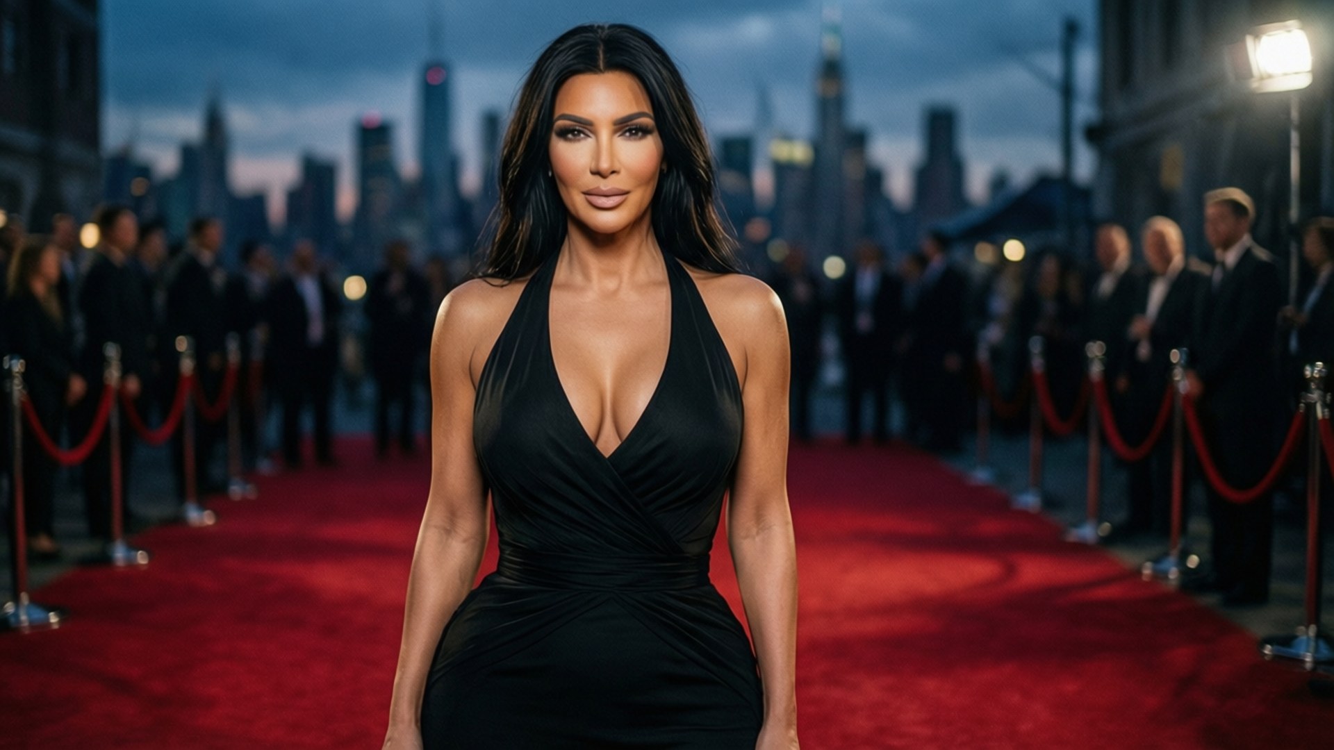 Kim Kardashian 穿着黑色連身裙喺紅地毯上行走，背景係城市天際線
