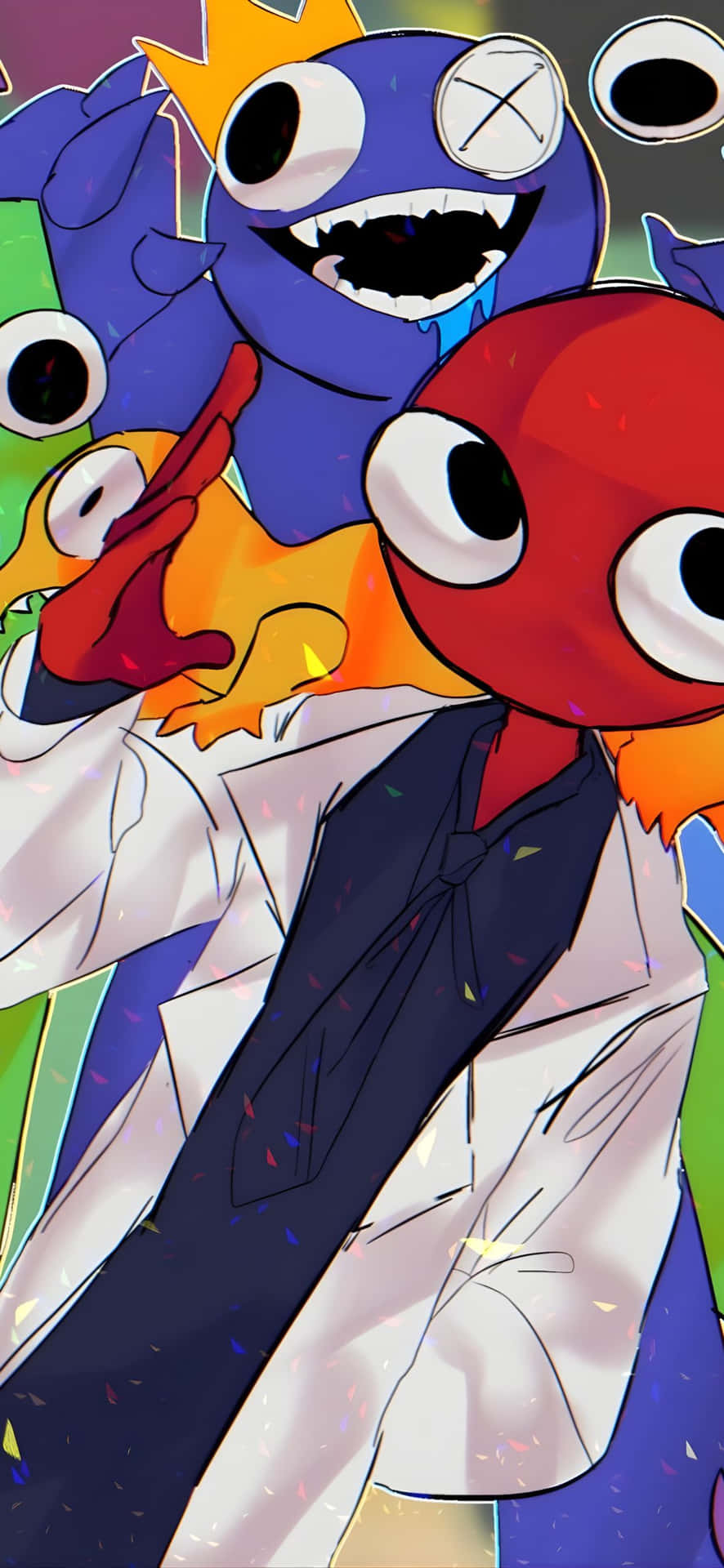  壁紙 — 一幅充滿活力的動漫風格插圖，描繪一個身穿實驗室外套的紅色角色，被色彩繽紛、表情豐富的卡通怪物包圍。