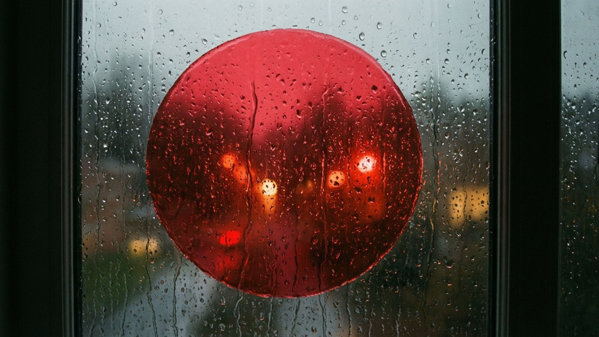 透過帶有雨痕的窗戶看到的紅色圓形燈光，背後是模糊的城市燈光