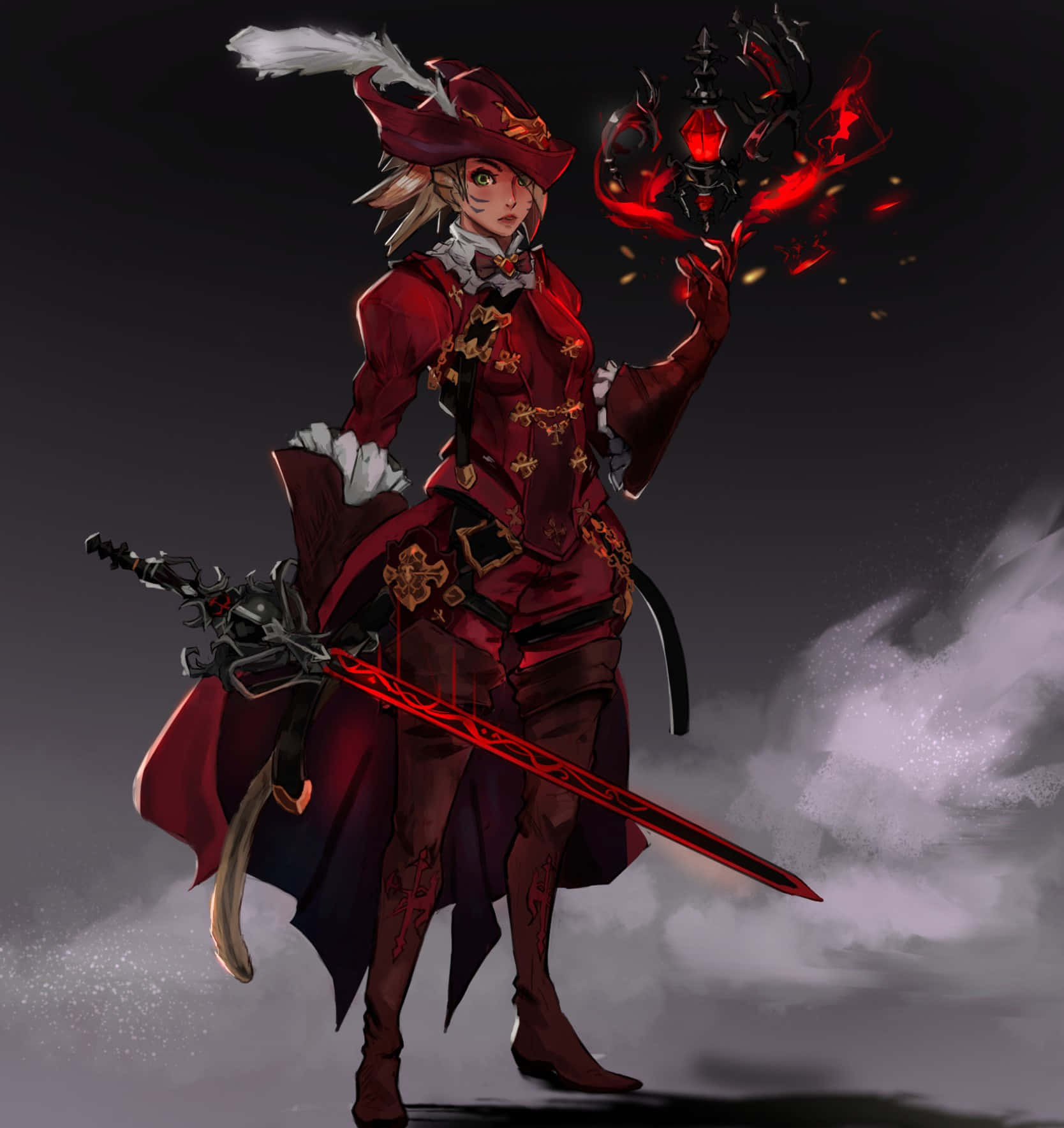  壁紙 — 一位身穿紅色服裝、戴著羽毛帽的奇幻戰士，在煙霧繚繞的背景中揮舞著發光的紅色劍並施展黑暗魔法。