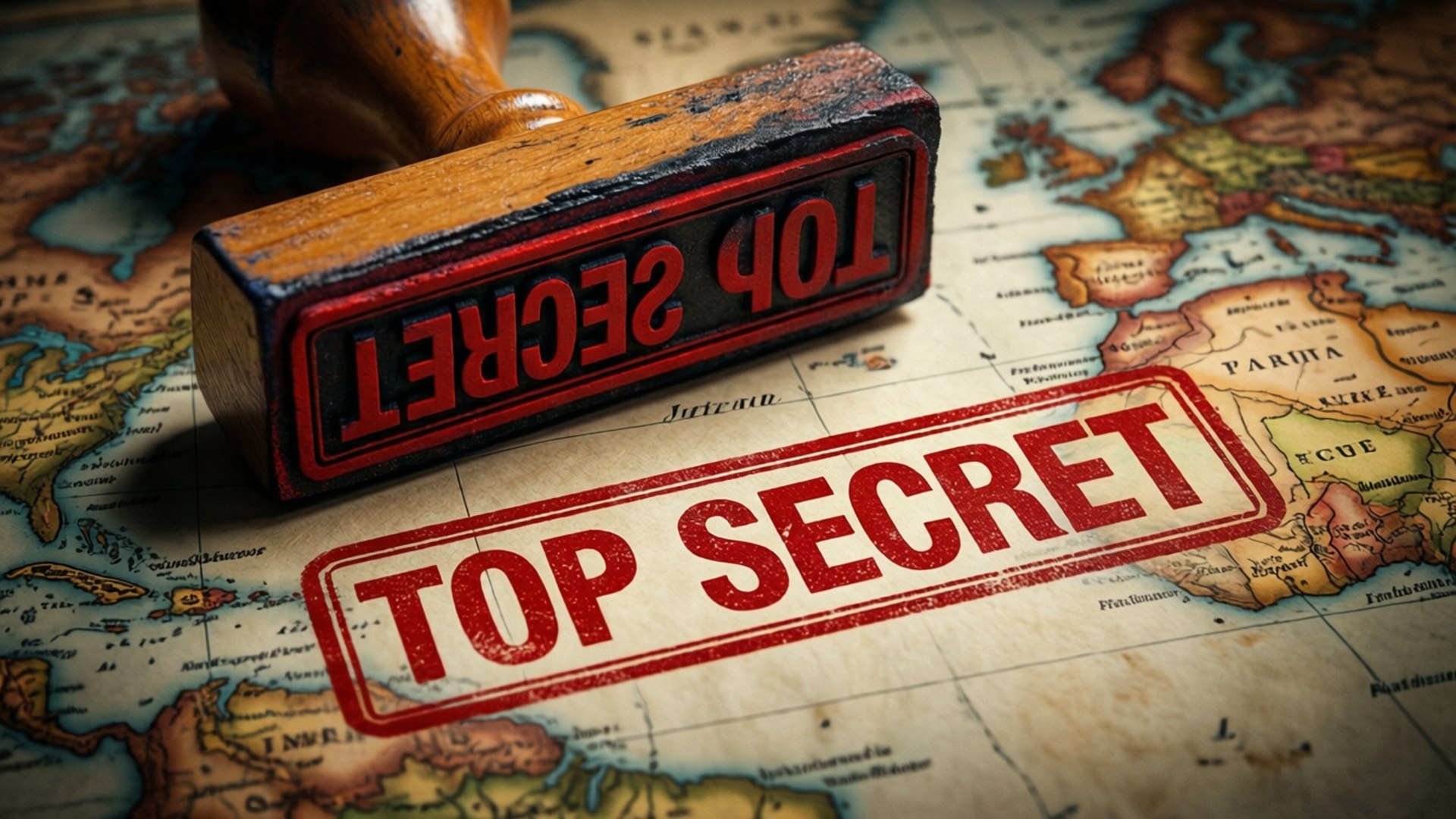在一張顯示歐洲和非洲的復古世界地圖上，有一個紅色的「TOP SECRET」印章。