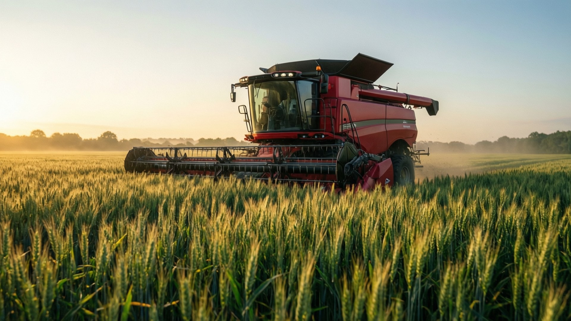 Farming Simulator 25 桌布 壁紙 — 一台紅色聯合收割機在日出時穿過金色麥田，在成熟的農作物上投下長長的影子。