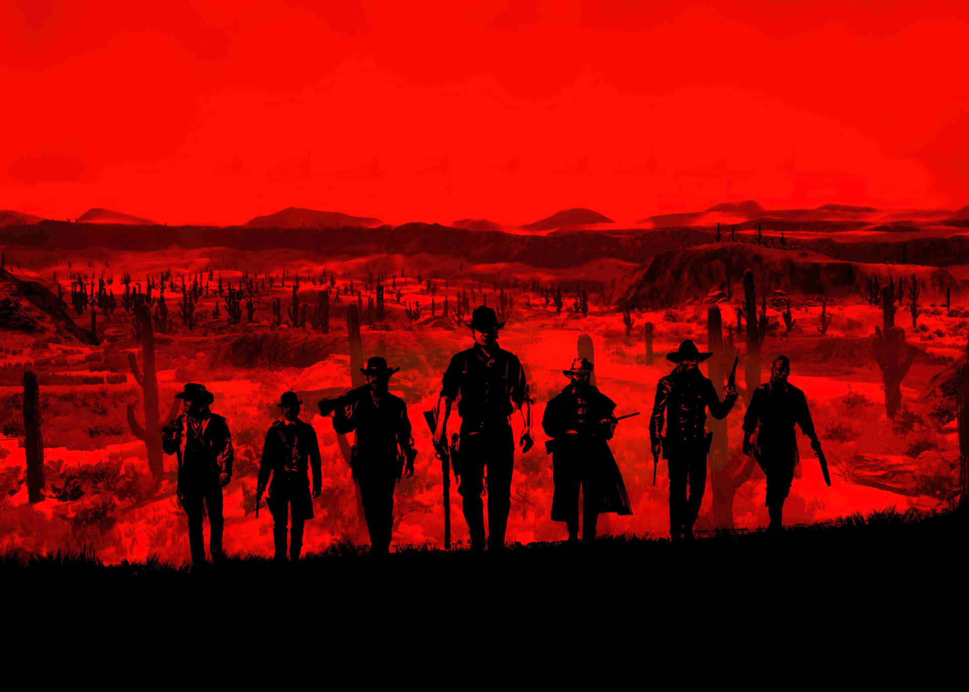Red Dead Redemption 2 剪影壁紙 壁紙 — 剪影牛仔站在一片荒涼的紅色沙漠景觀中，天空呈血橙色。