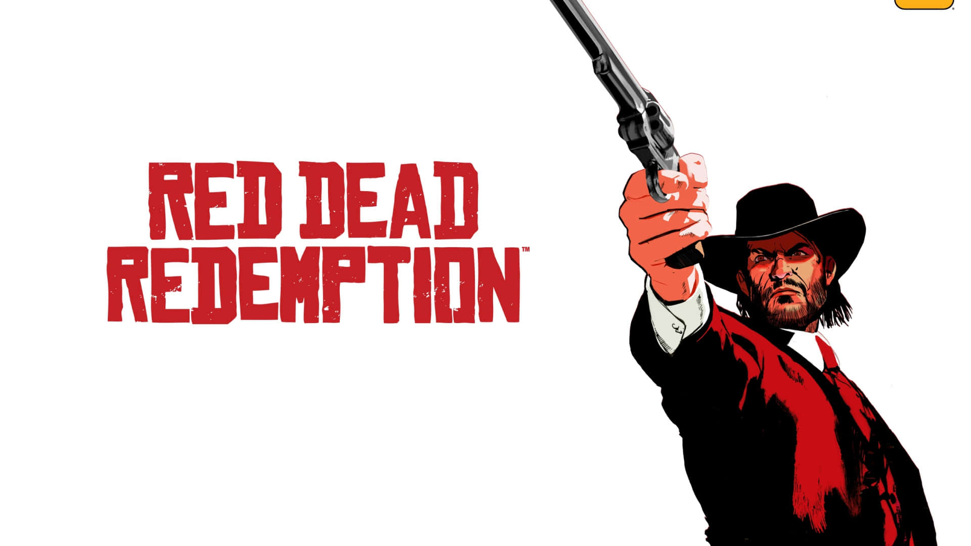 《Red Dead Redemption 2》1920x1080動畫海報設計 壁紙 — 一個身穿紅色外套、頭戴黑色帽子的牛仔，在純白背景下專注地瞄準左輪手槍。