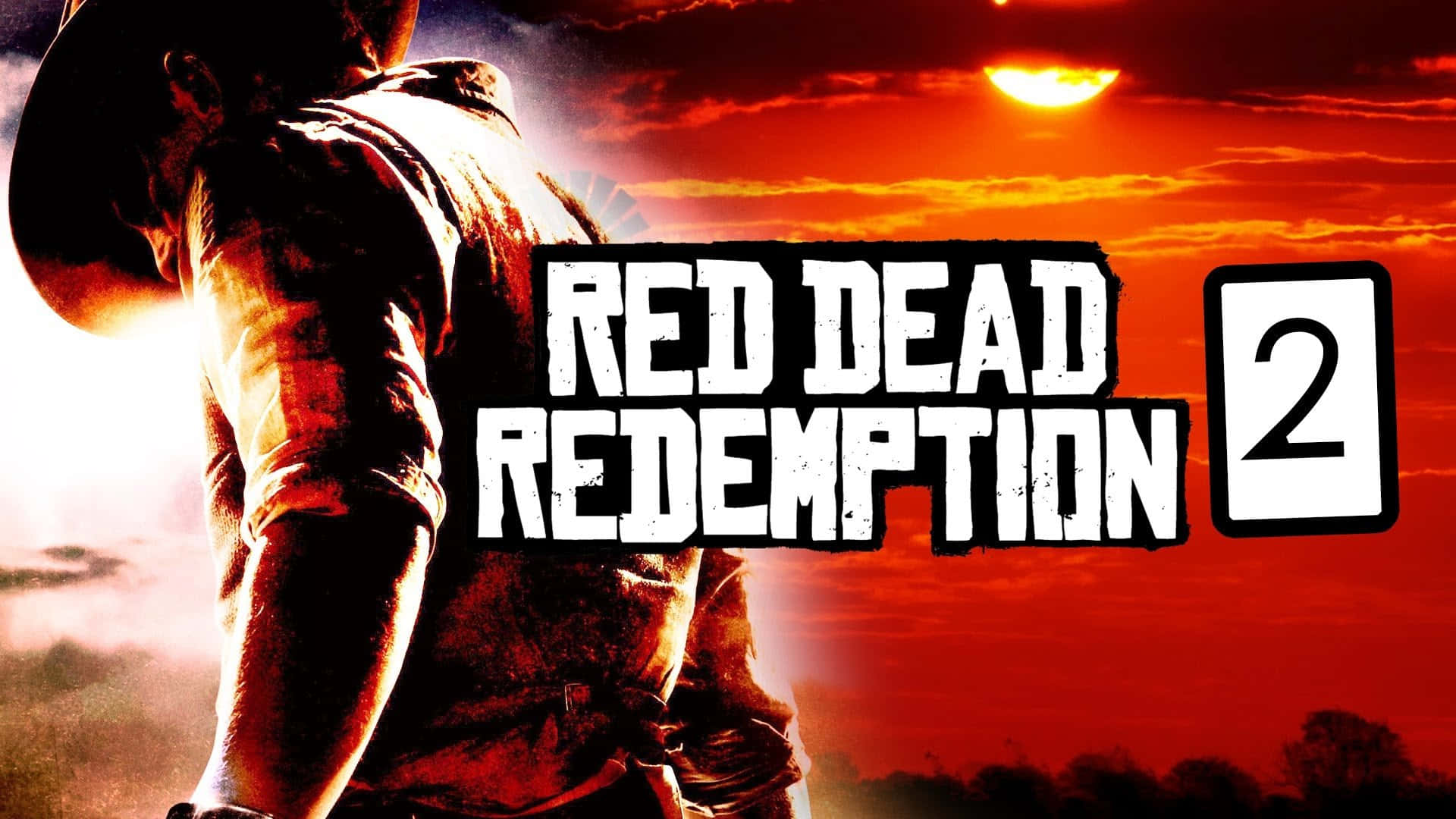 《Red Dead Redemption 2》1920x1080風景海報設計 壁紙 — 一個戴著寬邊帽的孤獨牛仔在熾熱的日落中形成剪影，遊戲標題突出顯示。