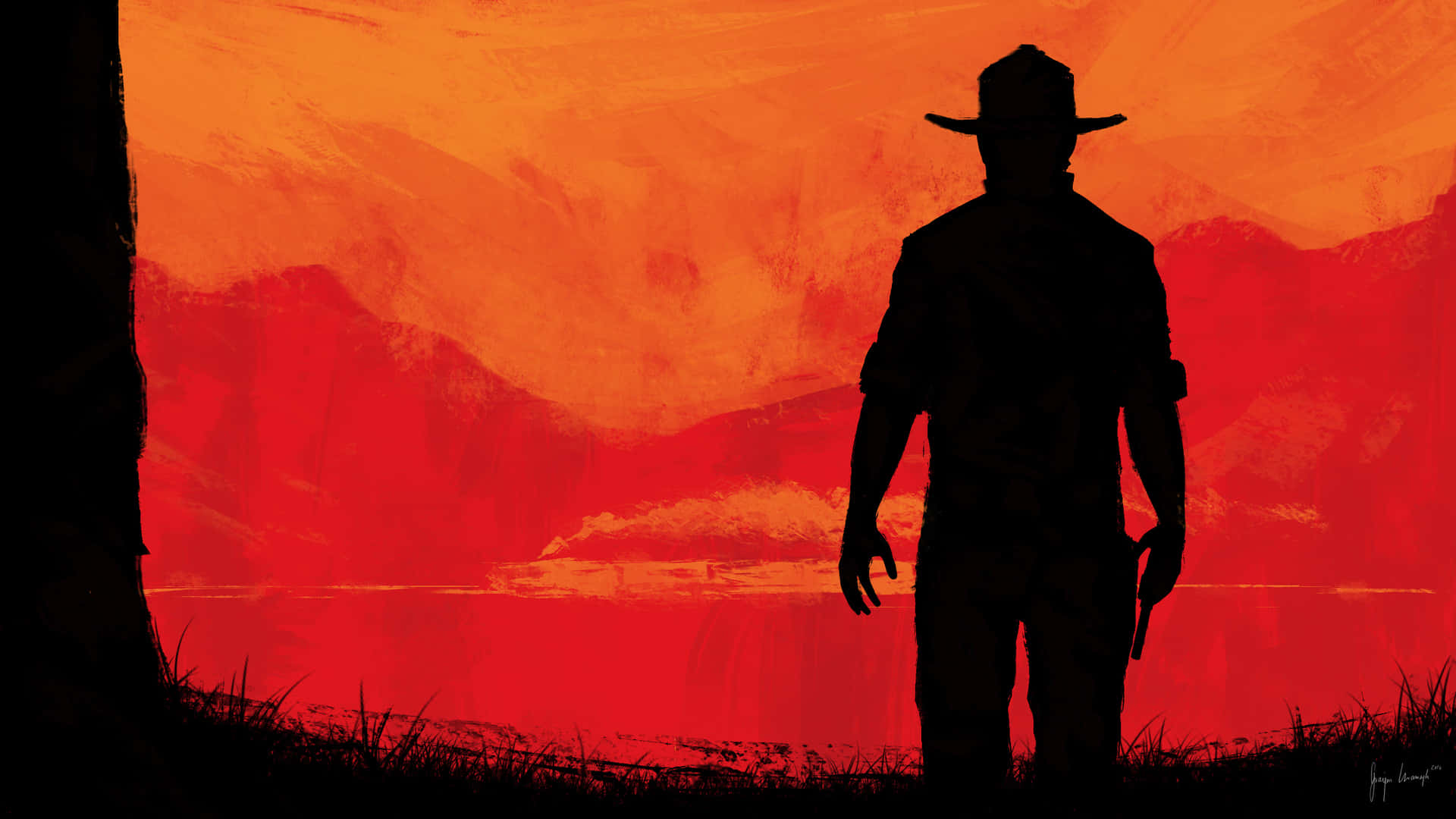 《Red Dead Redemption 2》1920x1080警長剪影風景 壁紙 — 一個孤獨的牛仔剪影站在山脈和水面上熾熱的紅橙色日落前。