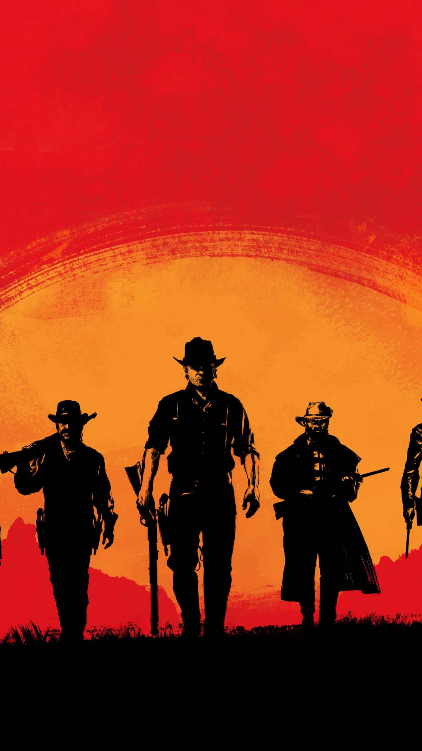 Red Dead Redemption 2 高畫質壁紙 壁紙 — 剪影牛仔持槍站在火紅橙色的日落天空下。