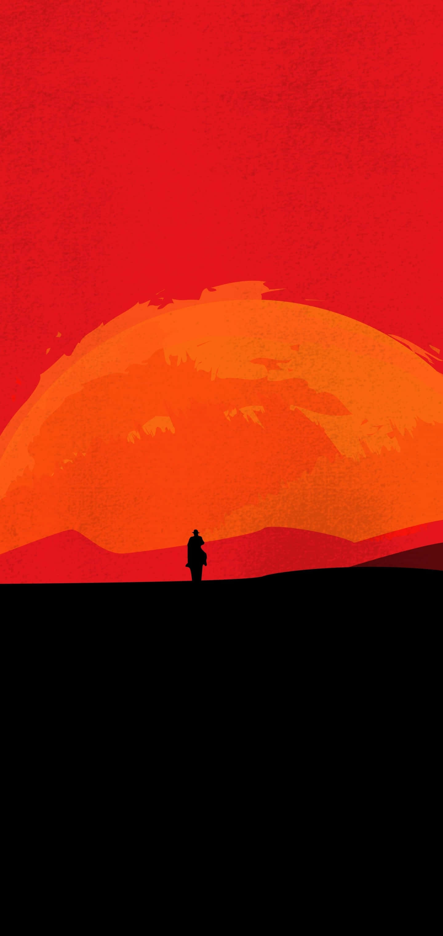 Red Dead Redemption 壁紙 — 一個孤獨的身影站在巨大的火紅夕陽前，夕陽正沉入鮮紅與橙色的地平線。