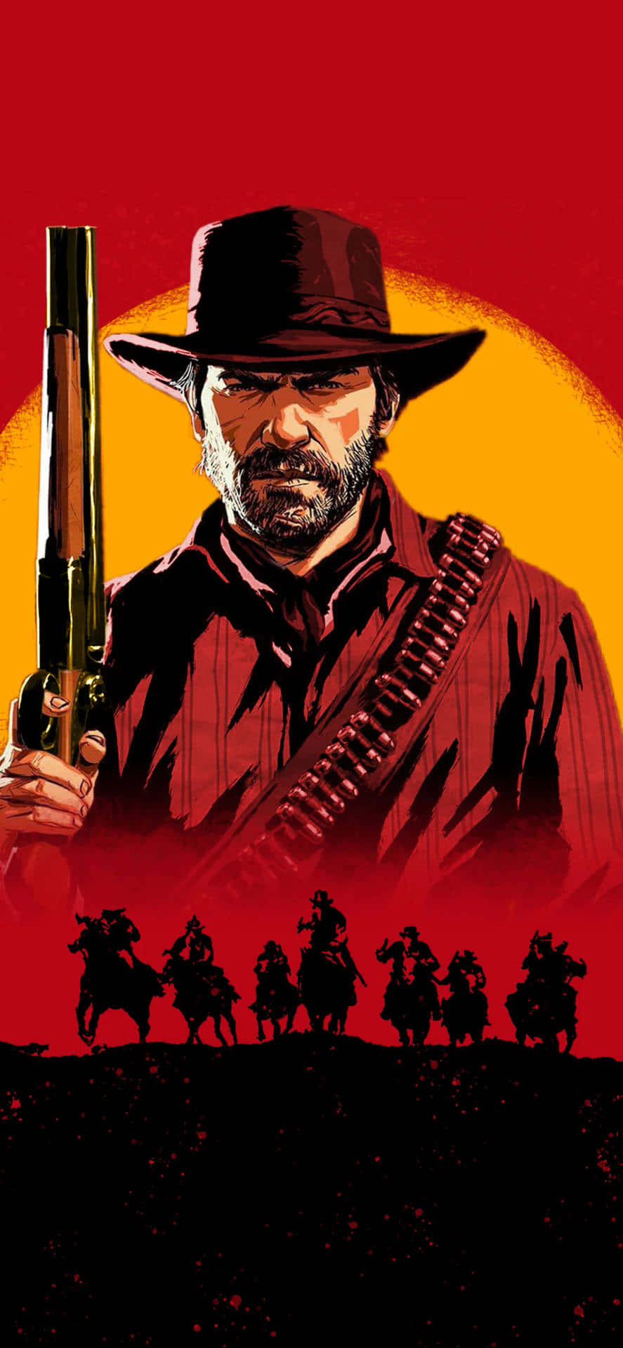 Red Dead Redemption 2 高畫質壁紙 壁紙 — 一個嚴肅的牛仔手持步槍和子彈帶，站在火紅的夕陽前，下方有一列騎馬者奔馳而過。
