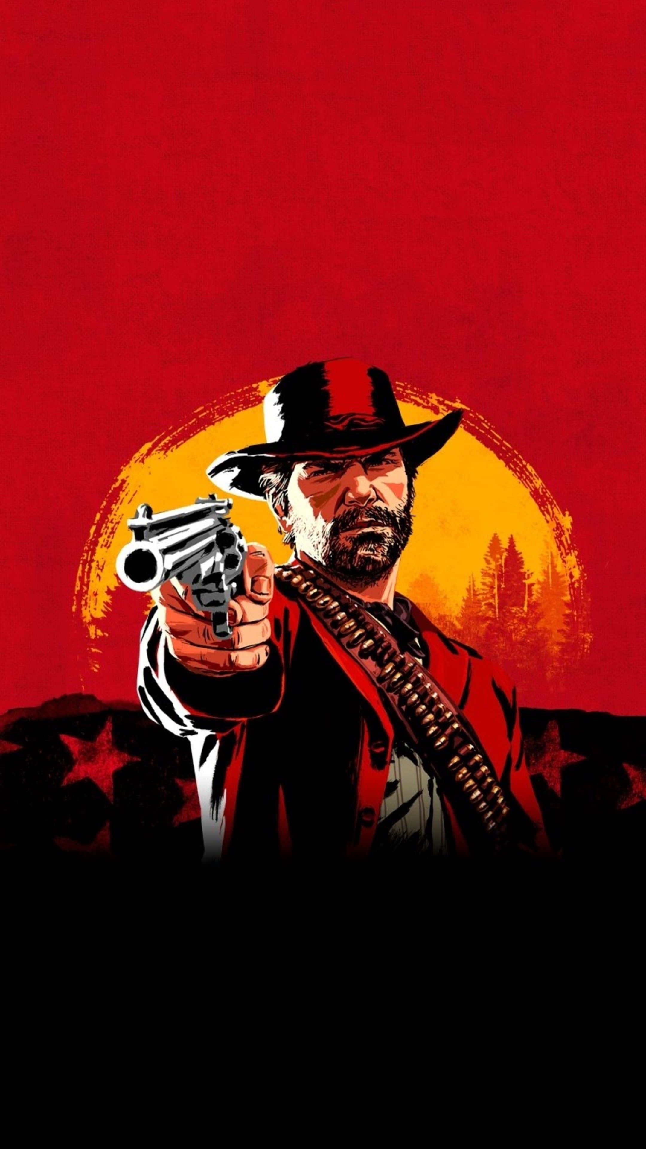 Red Dead Redemption 高畫質壁紙 壁紙 — 一個粗獷的牛仔，留著鬍子，戴著帽子，在熾熱的紅色夕陽背景下，直接將左輪手槍對準觀眾。