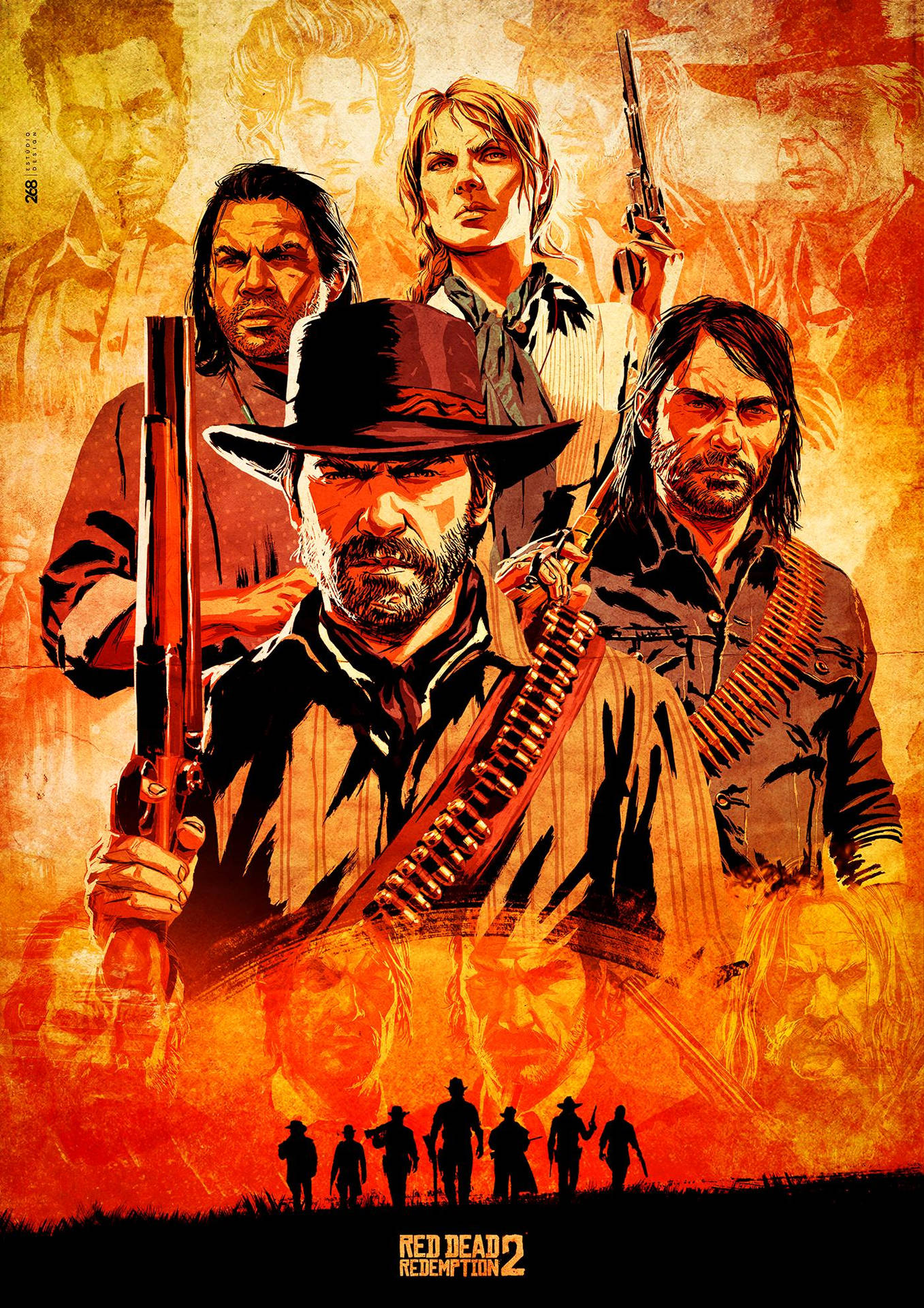 《Red Dead Redemption 2》遊戲海報，主要角色身穿牛仔裝備手持槍械。