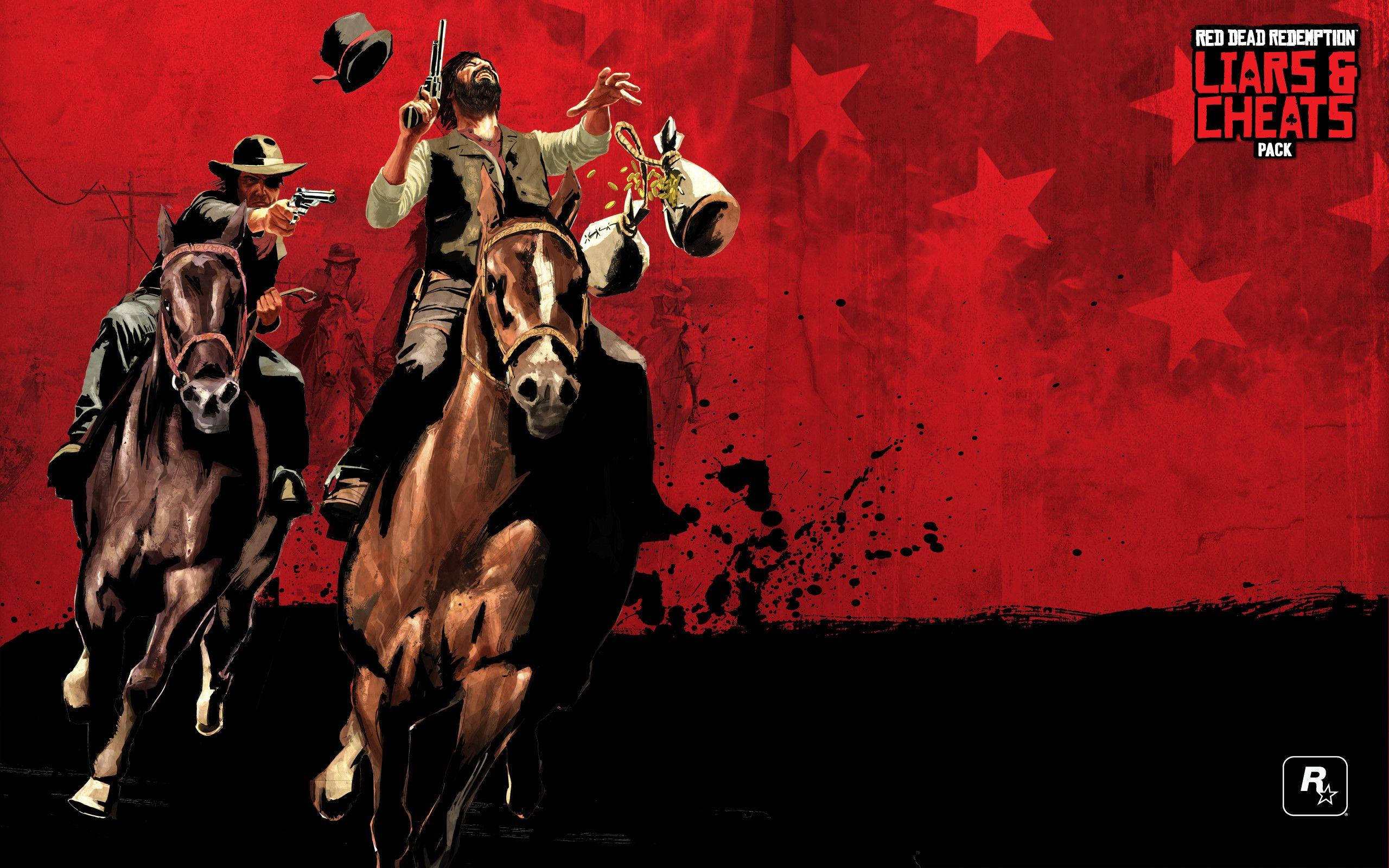 Red Dead Redemption 2 4K 射擊 壁紙 — 兩個牛仔騎著奔騰的馬匹，在鮮明的紅色星空背景下瞄準手槍，呈現粗獷的西部場景。