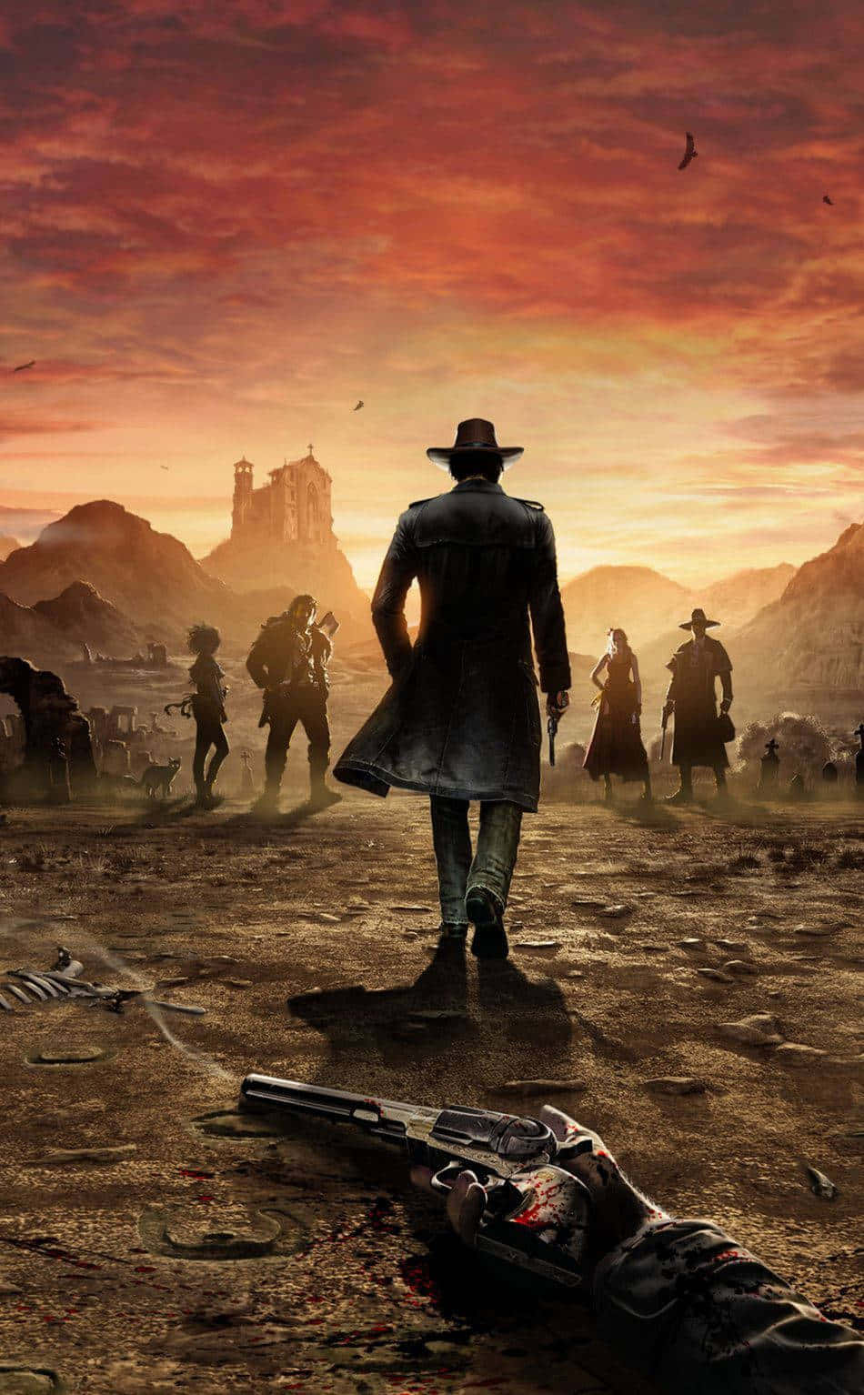 Red Dead Redemption 2 PC 版 壁紙 — 一個孤獨的牛仔在日落時分走向遠處的城堡，而他的倒下的同伴和槍支則躺在前景中。