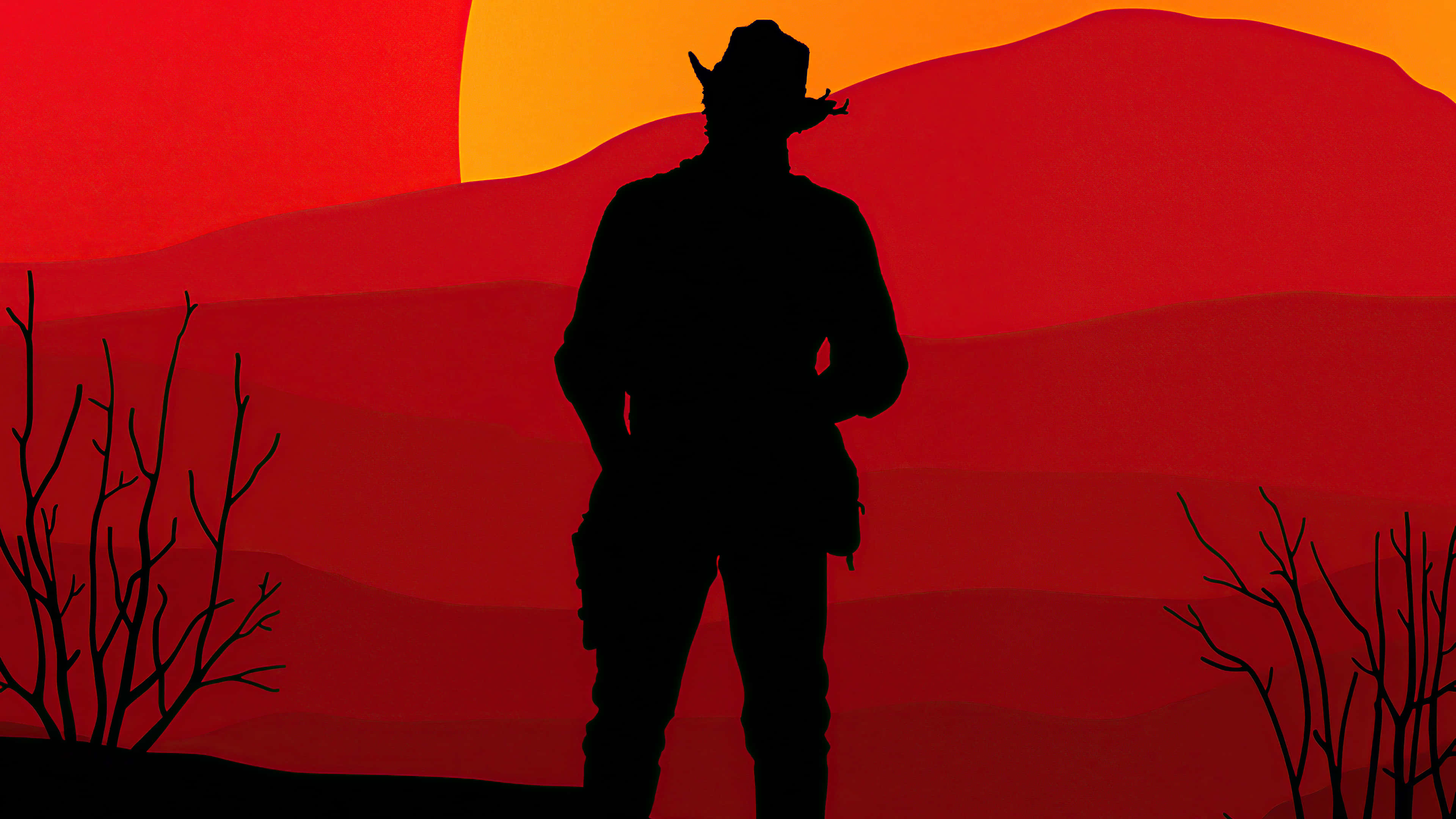 與《Red Dead Redemption》重返西部荒野 壁紙 — 一個牛仔的剪影在火紅和橙色的日落背景下，聳立在起伏的山丘上，山丘上有光禿禿的樹木。