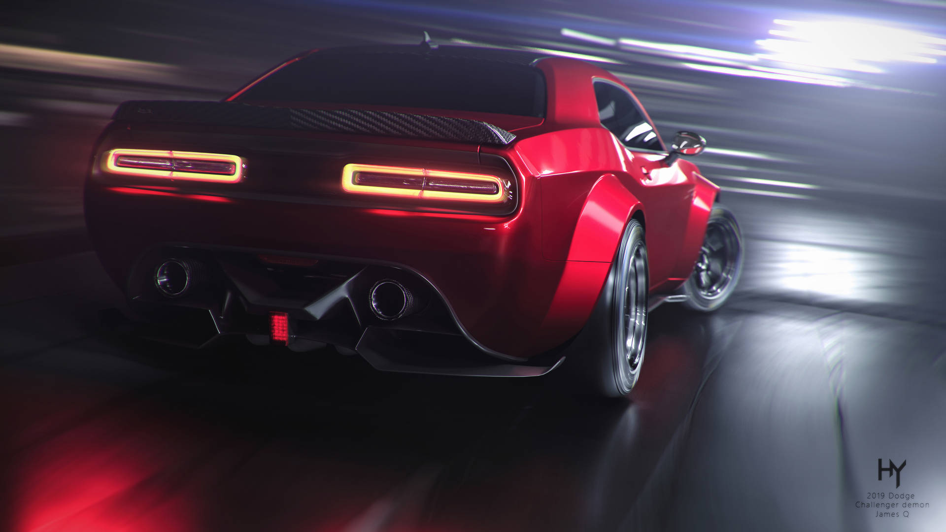 紅色Dodge Challenger Demon在夜間高速行駛，帶有發光的尾燈和動態模糊。