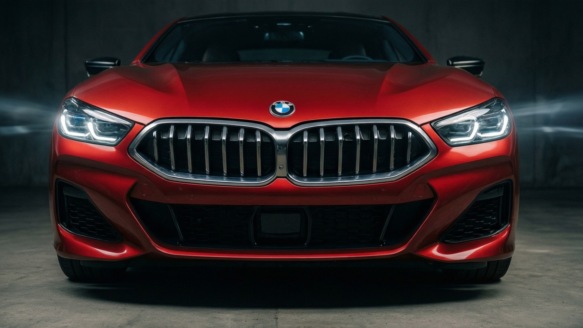 紅色BMW跑車，在工作室中帶有照明頭燈和鍍鉻格柵。