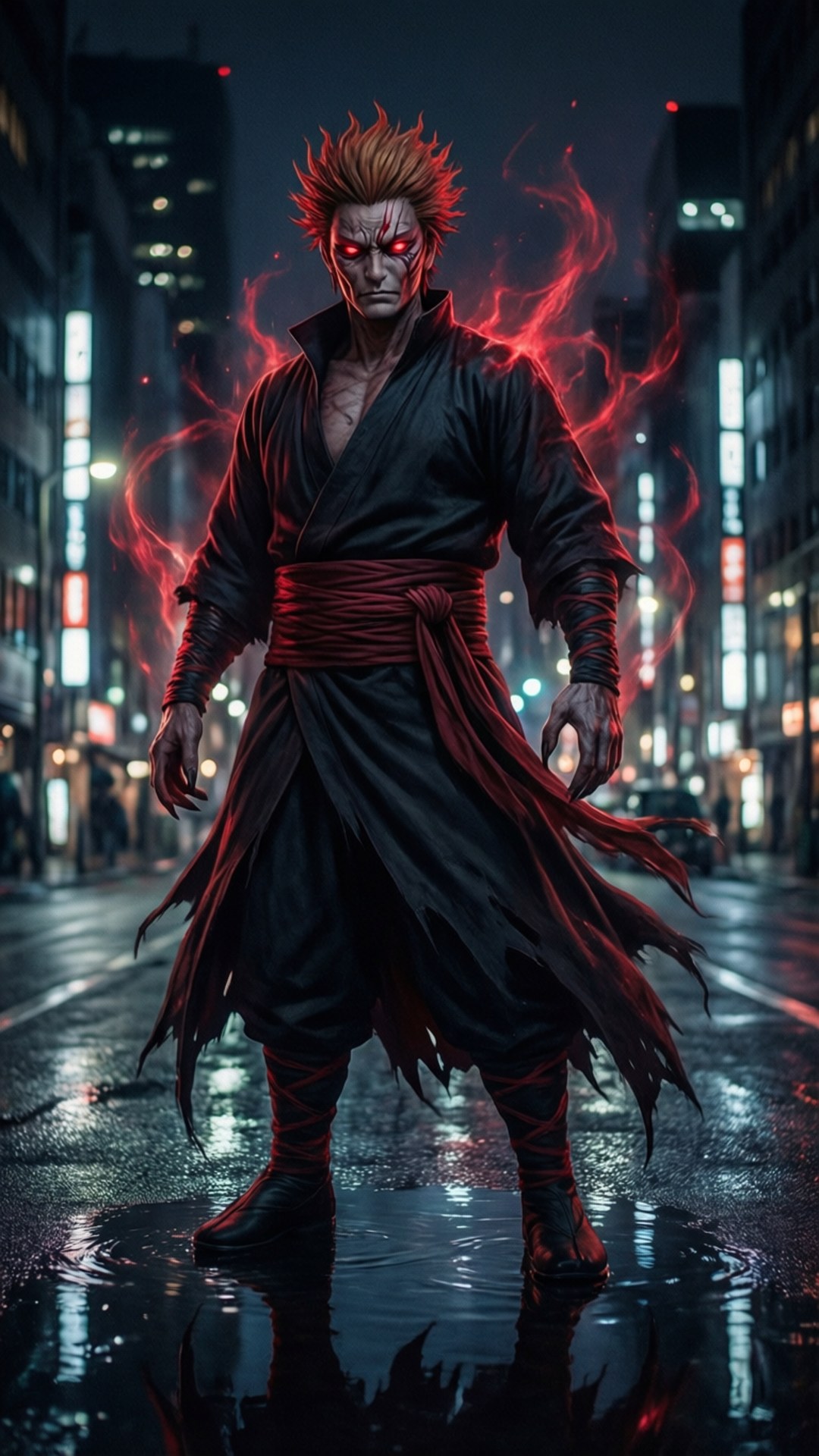 桌布 壁紙 — 一個紅眼戰士，頭髮尖刺，站在霓虹燈照亮、被雨水浸透的城市街道上，噼啪作響的紅色能量在他周圍旋轉。