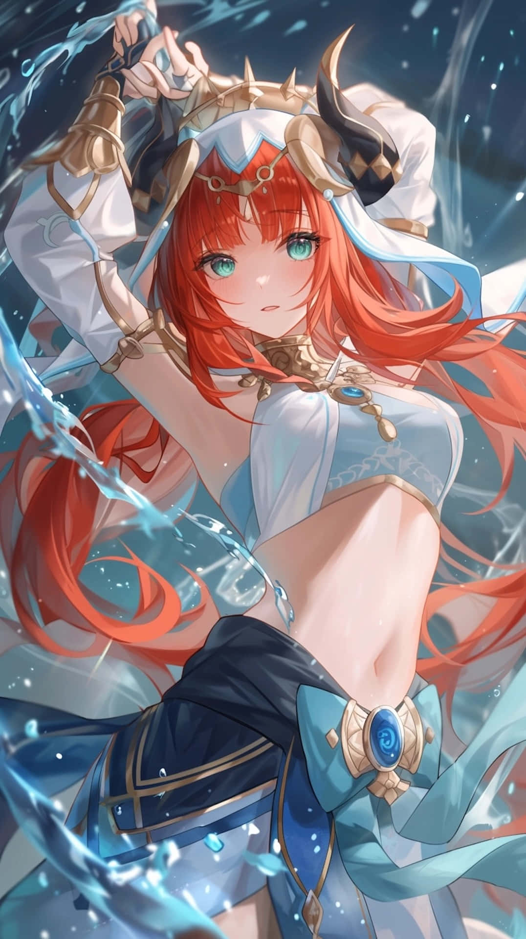 壁紙 — 紅髮有角嘅動漫少女喺動感嘅藍白奇幻裝束中揮舞水刃。