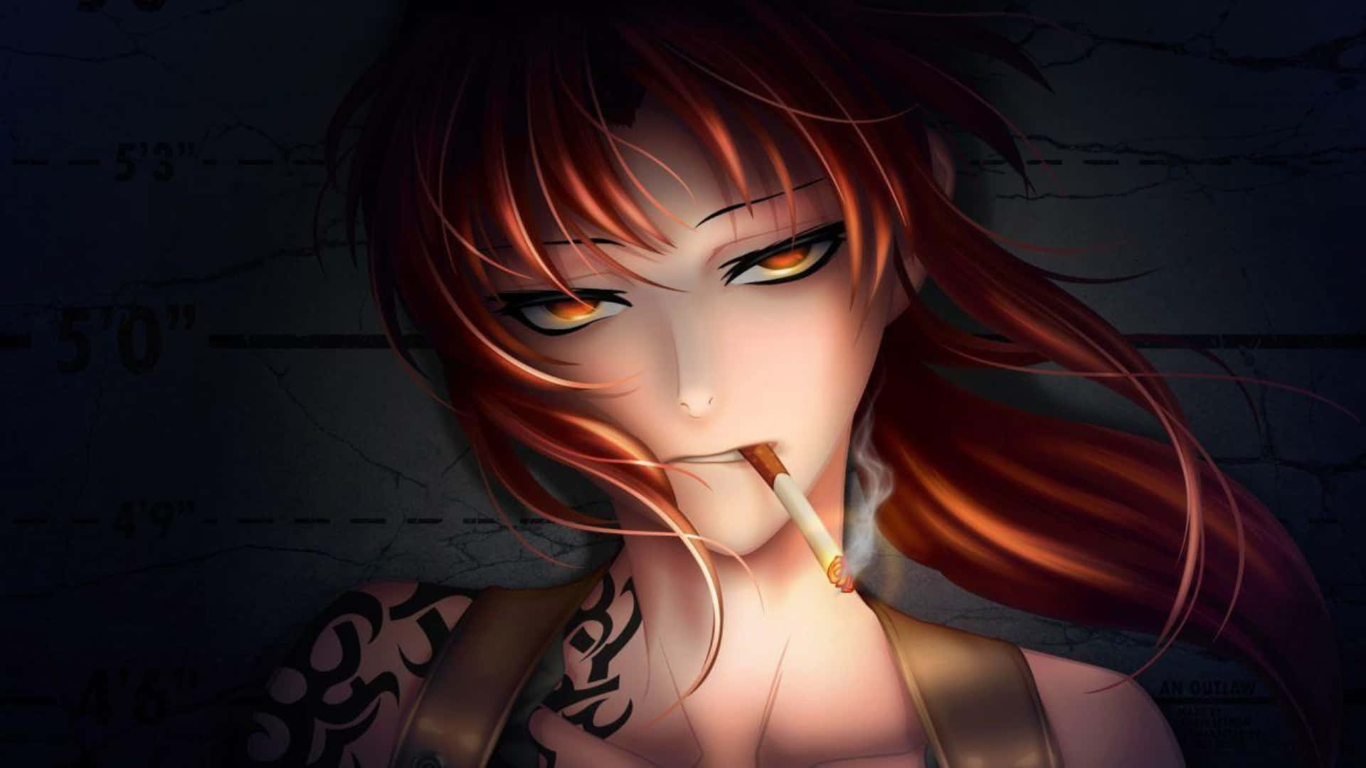  壁紙 — 一位紅髮動漫女孩，擁有發光的橙色眼睛，靠著帶有測量標記的裂牆抽煙。