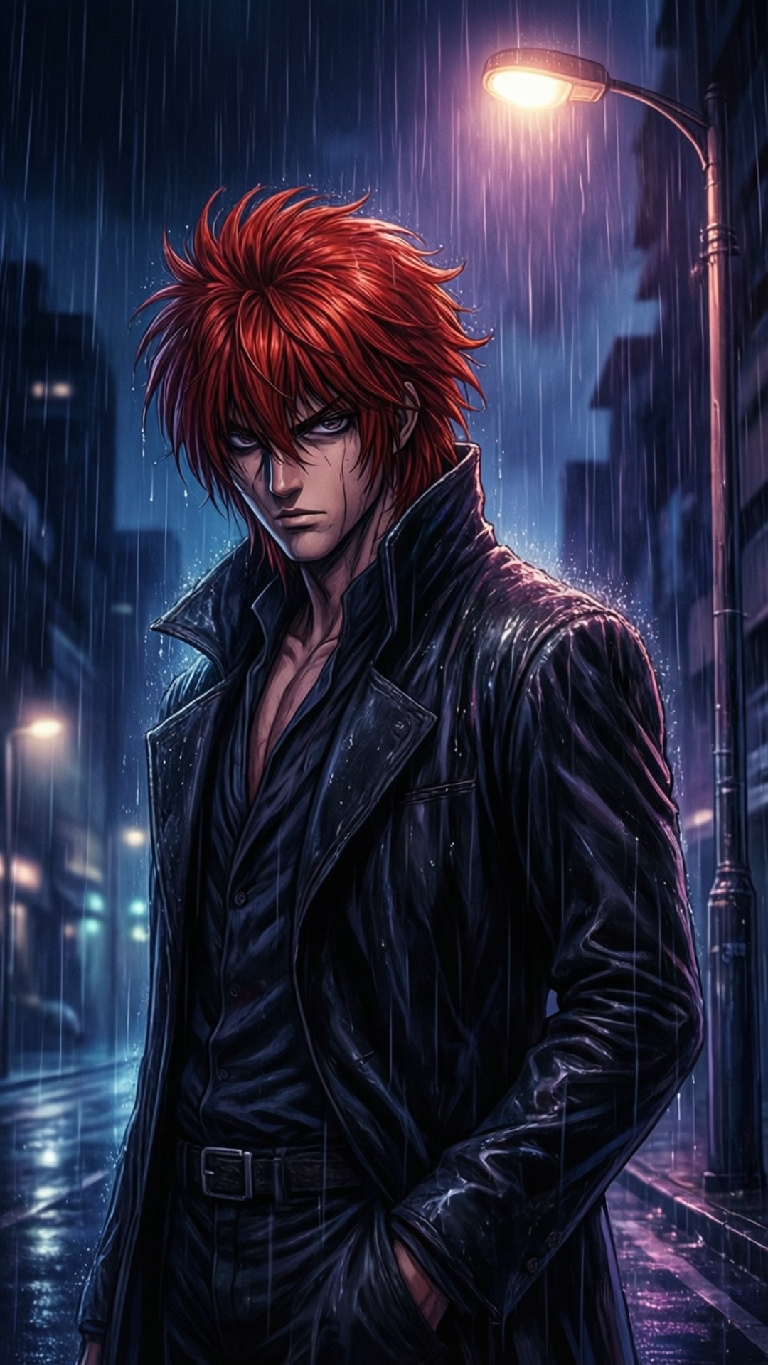 Special A 桌布 壁紙 — 一位紅髮動漫男子穿著黑色風衣，站在雨夜霓虹燈城市景觀的路燈下。