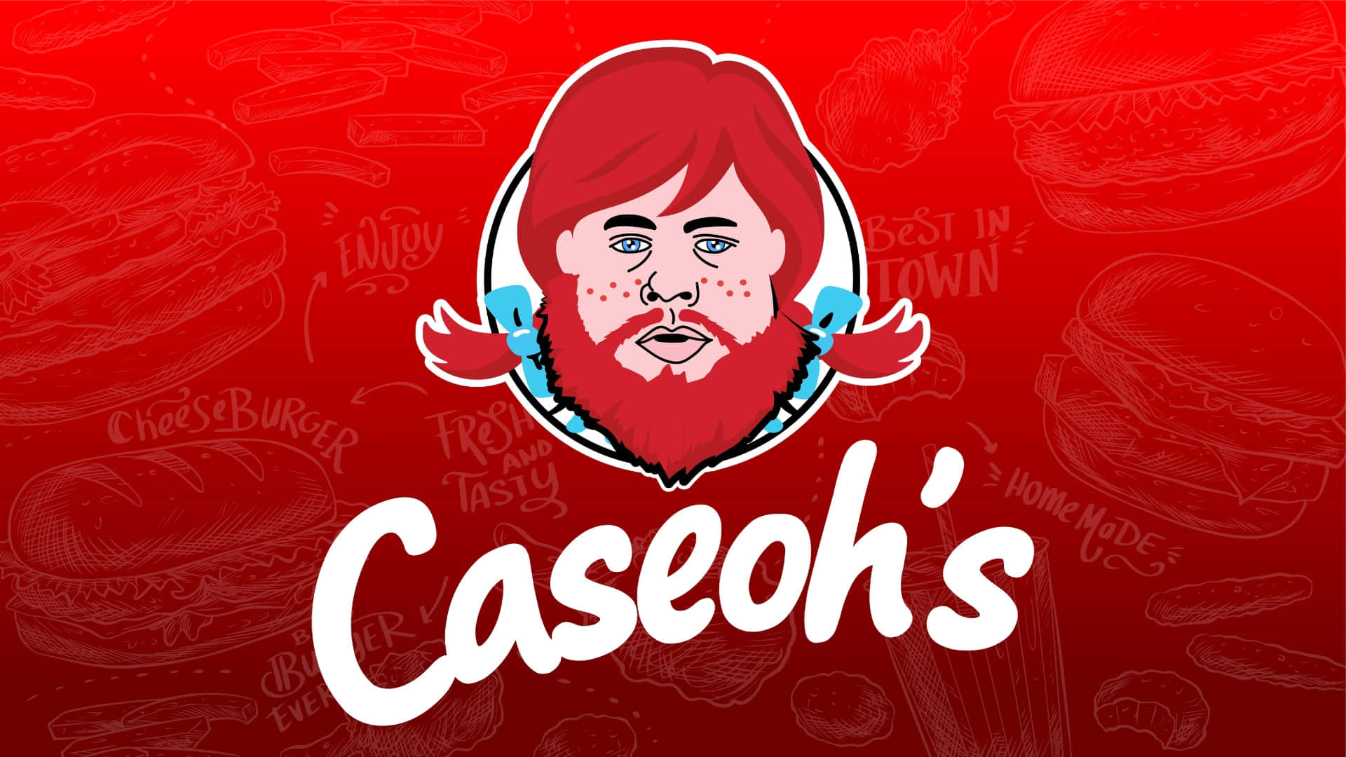  壁紙 — 一個紅髮鬍鬚的卡通吉祥物在充滿漢堡草圖和「Caseoh's」文字的紅色背景上微笑。