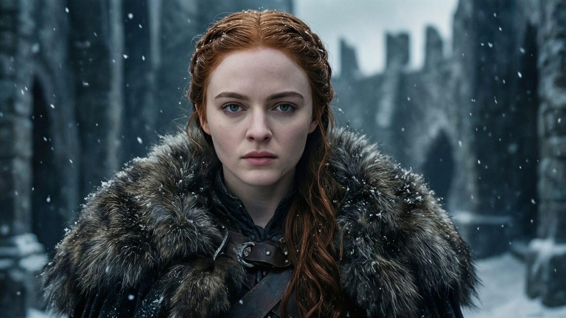 Sophie Turner 桌布 壁紙 — 一位紅髮女子身穿毛皮襯裡斗篷，莊嚴地站在白雪覆蓋的城堡庭院中，雪花飄落在她周圍。
