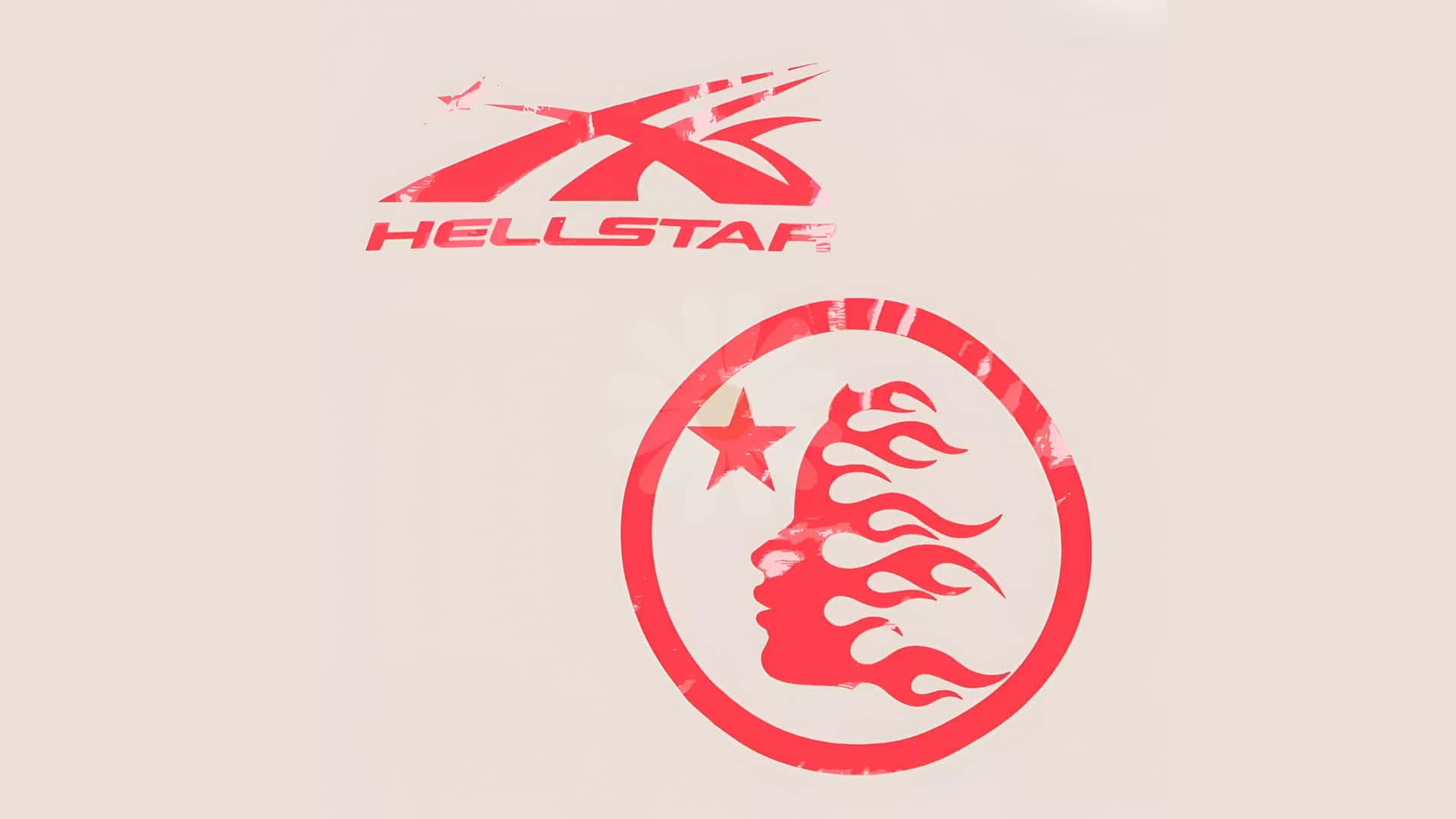  壁紙 — 紅色Hellstar標誌，帶有風格化的火焰面孔輪廓和星星在圓圈內，背景為米白色。