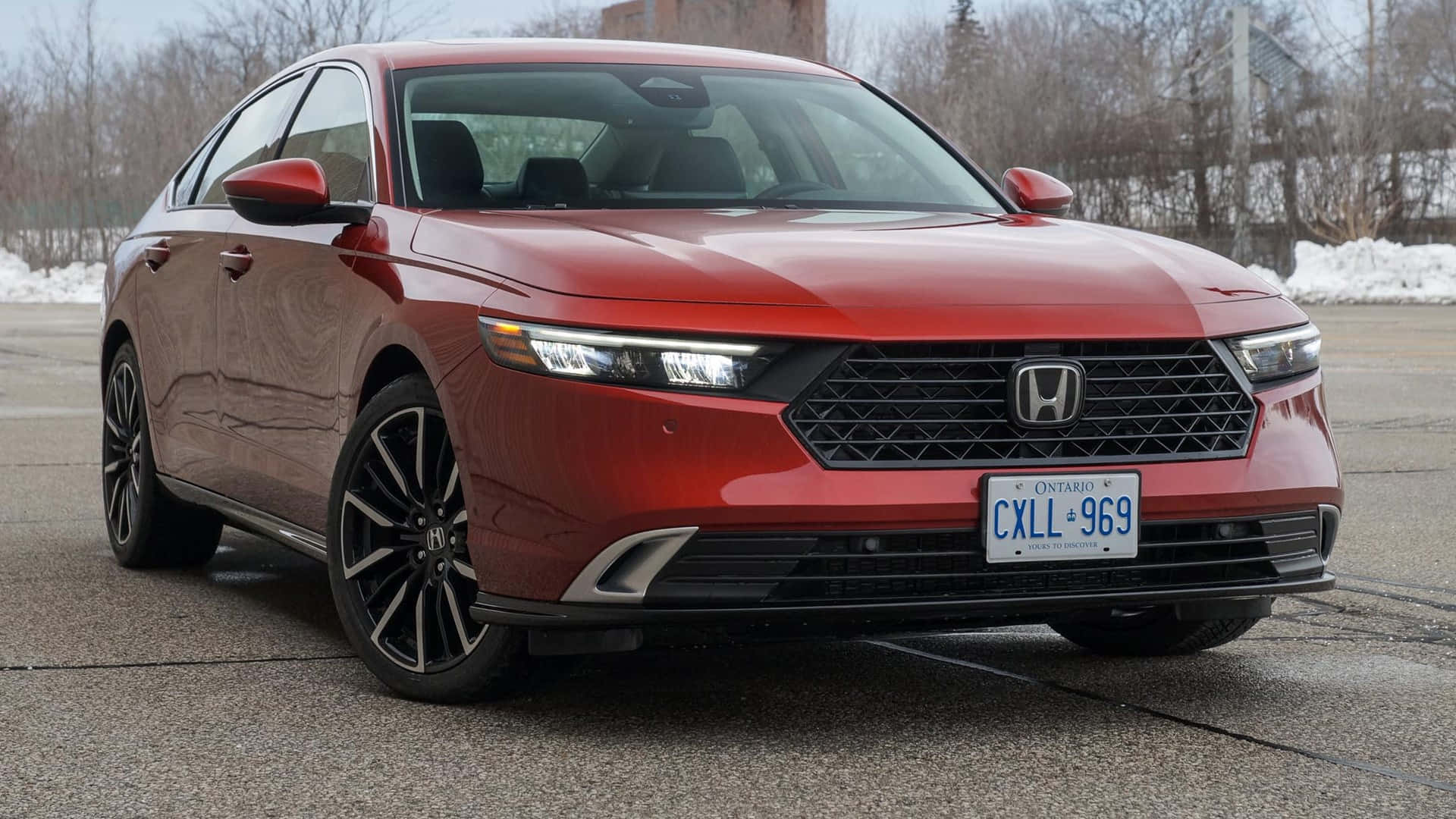 Honda Accord 桌布 壁紙 — 一輛亮麗的紅色本田房車停在積雪的路邊，背景是光禿禿的樹木。