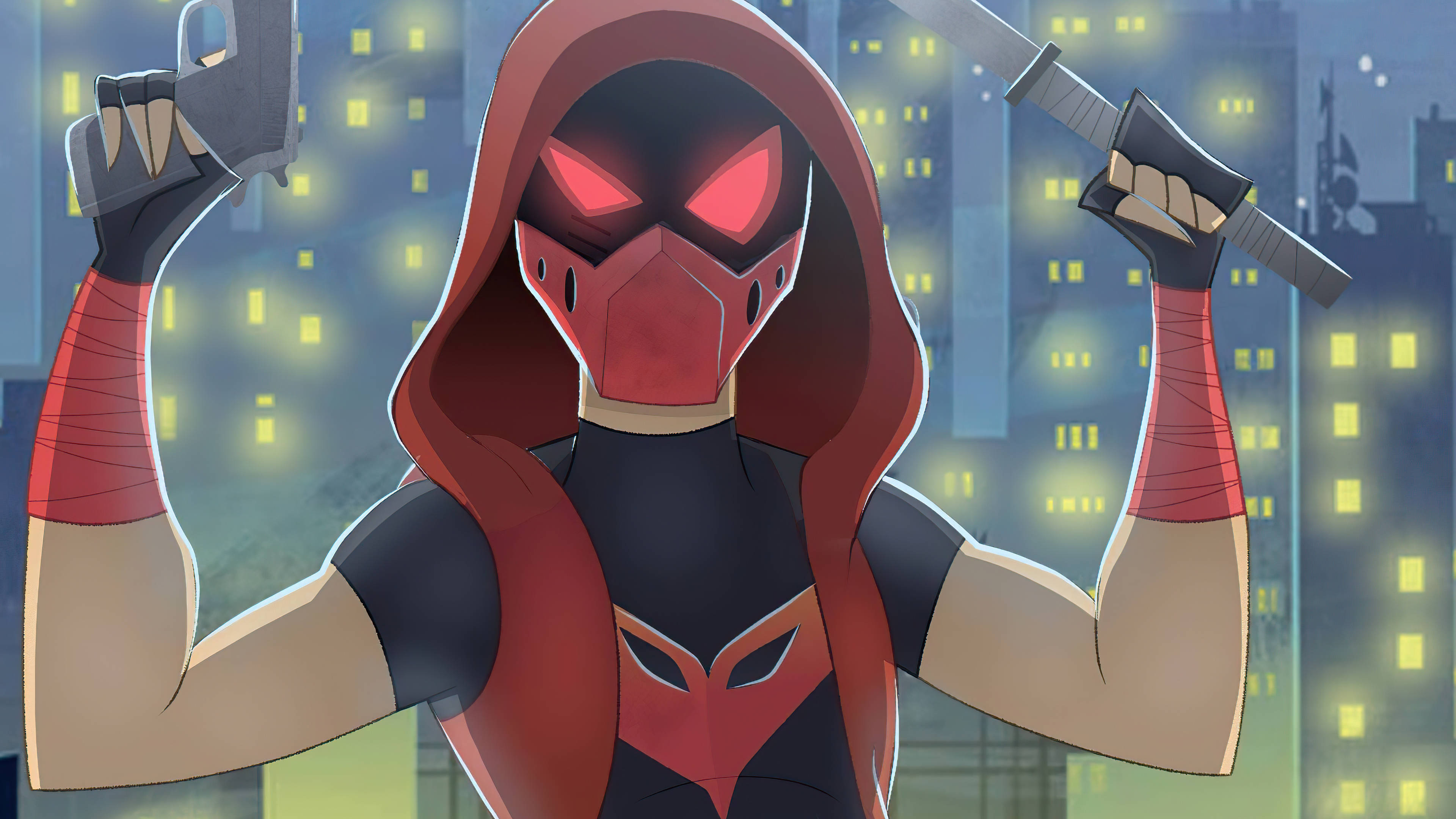 Red Hood 動畫卡通 壁紙 — 一個戴面具的動漫義警，身穿紅黑裝備，在夜晚發光的城市天際線背景下，握劍持槍，展示肌肉。
