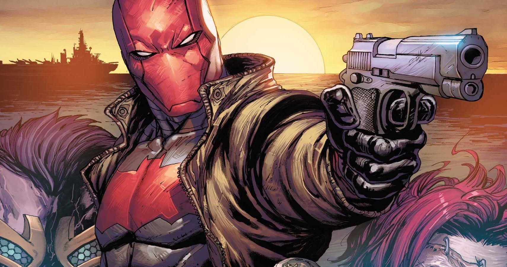Red Hood 桌布 壁紙 — Red Hood 在日落背景下，水上戰艦剪影中，將手槍瞄準觀眾。